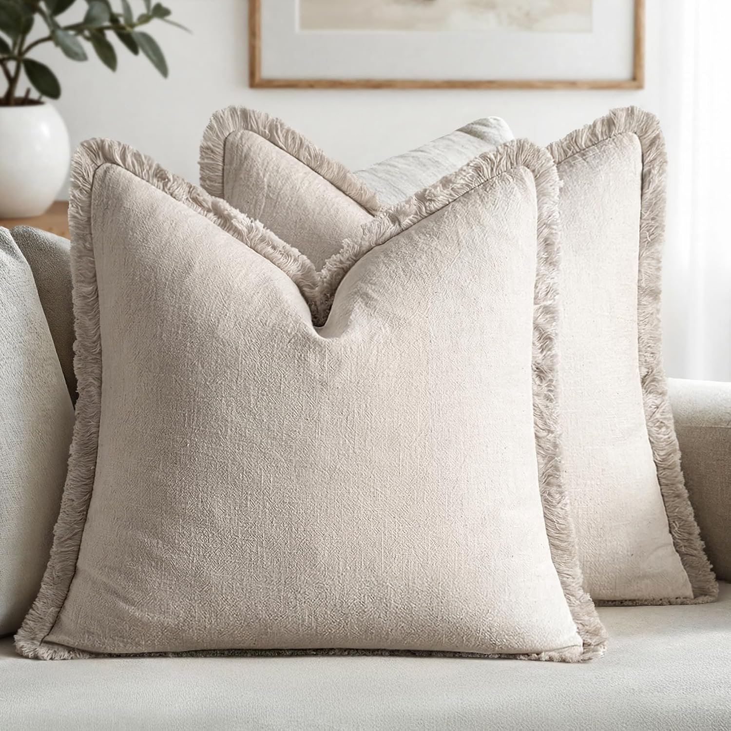 MIULEE Linen Fringe Decorative Throw Pillow Covers Natural Beige 18×18
