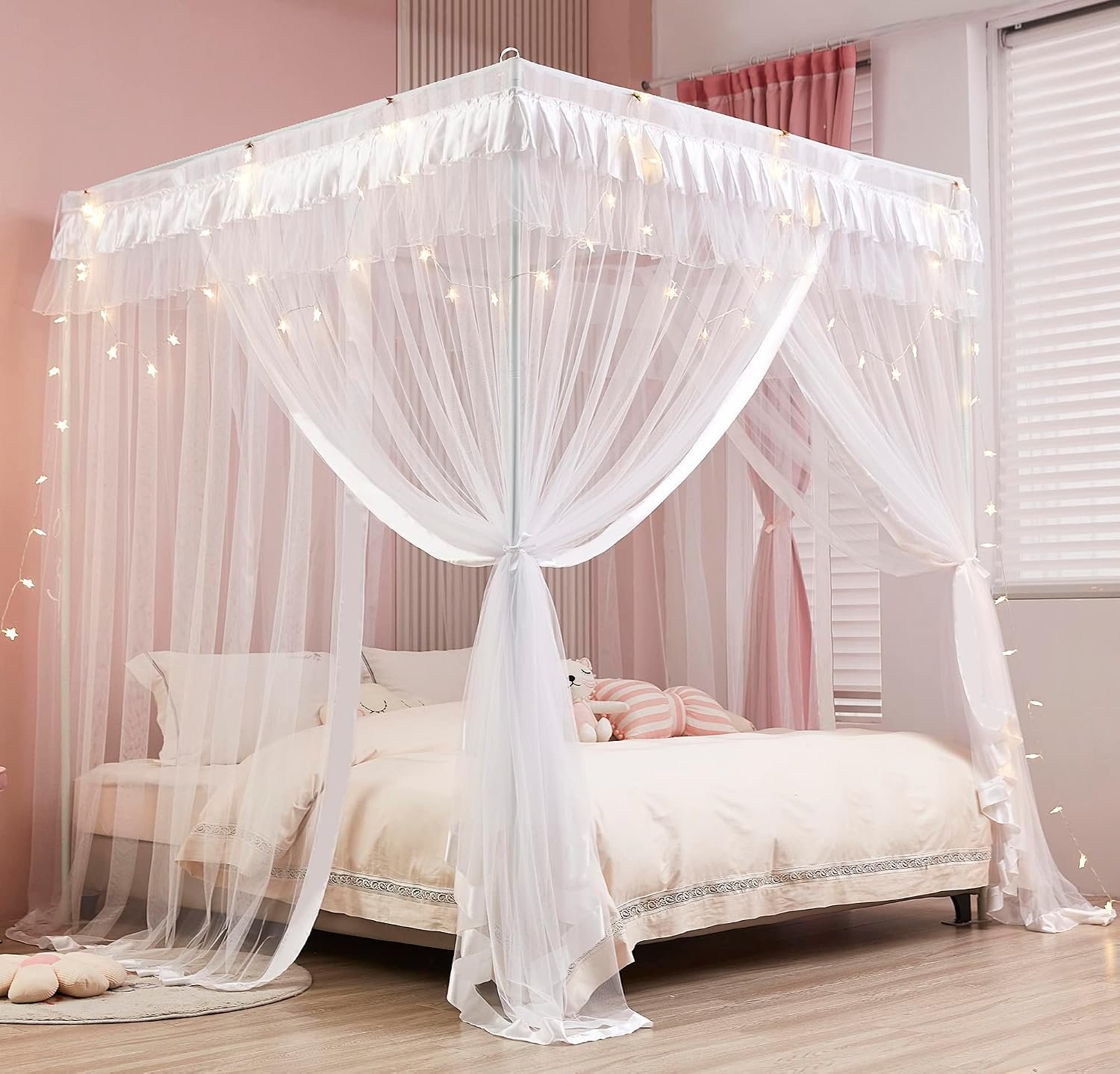 Mengersi 4 Corners Post Canopy Bed Curtains for Girls Kids Adults Queen Size- Cute Cozy Drape Square Netting – 4 Opening Mosquito Net – Princess Bedroom Decoration Gift