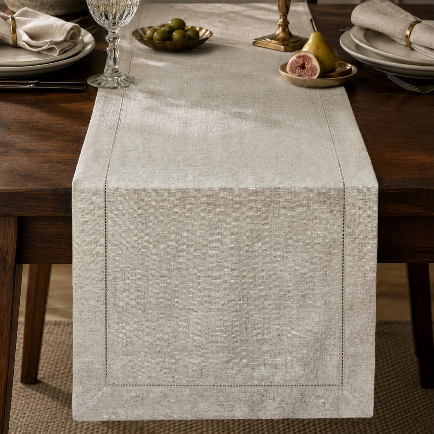 100% Pure French Linen Table Runner 72 Inches Long, Natural Hemstitch Tablecloth with Mitered Corners, Crease-Free Scroll Packaging, 14×72 for Easter, Mother’s Day, Farmhouse Decor