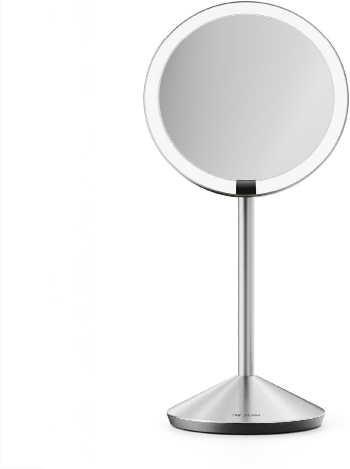 simplehuman Sensor Mirror Fold, 5” with 10X Magnification, Round Rechargeable Travel Makeup Mirror, Tru-Lux® Full-Spectrum Light, Adjustable Brightness & Height, Brushed Stainless Steel