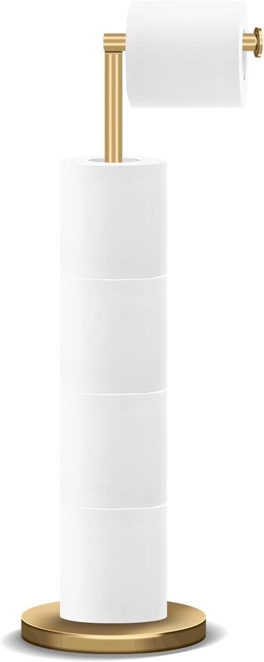RRM Toilet Paper Holder Stand, Bathroom Free Standing Rolls Storage, Golden