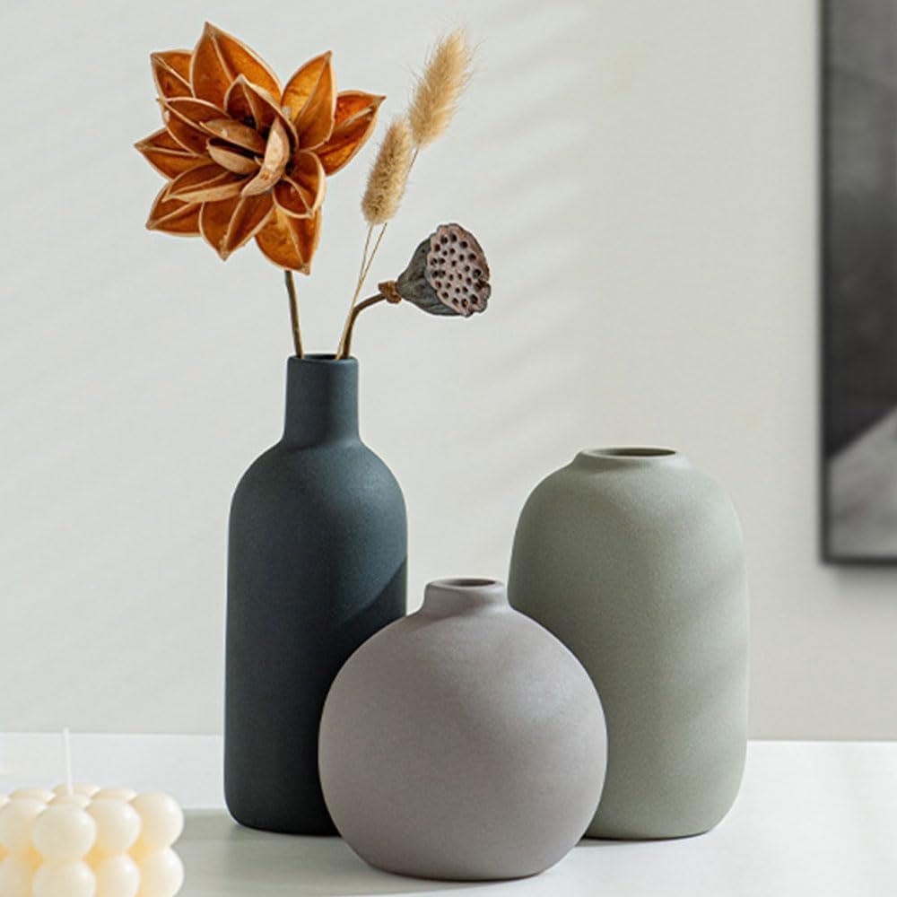 Ceramic Vase Set of 3 – Small Modern Minimalist Ceramic Bud Vases for Home Decor – Boho Aesthetic Flower Vases for Desk, Shelf & Table, Mantle, Bookshelf (Cute & Versatile) (Neutral Mix)