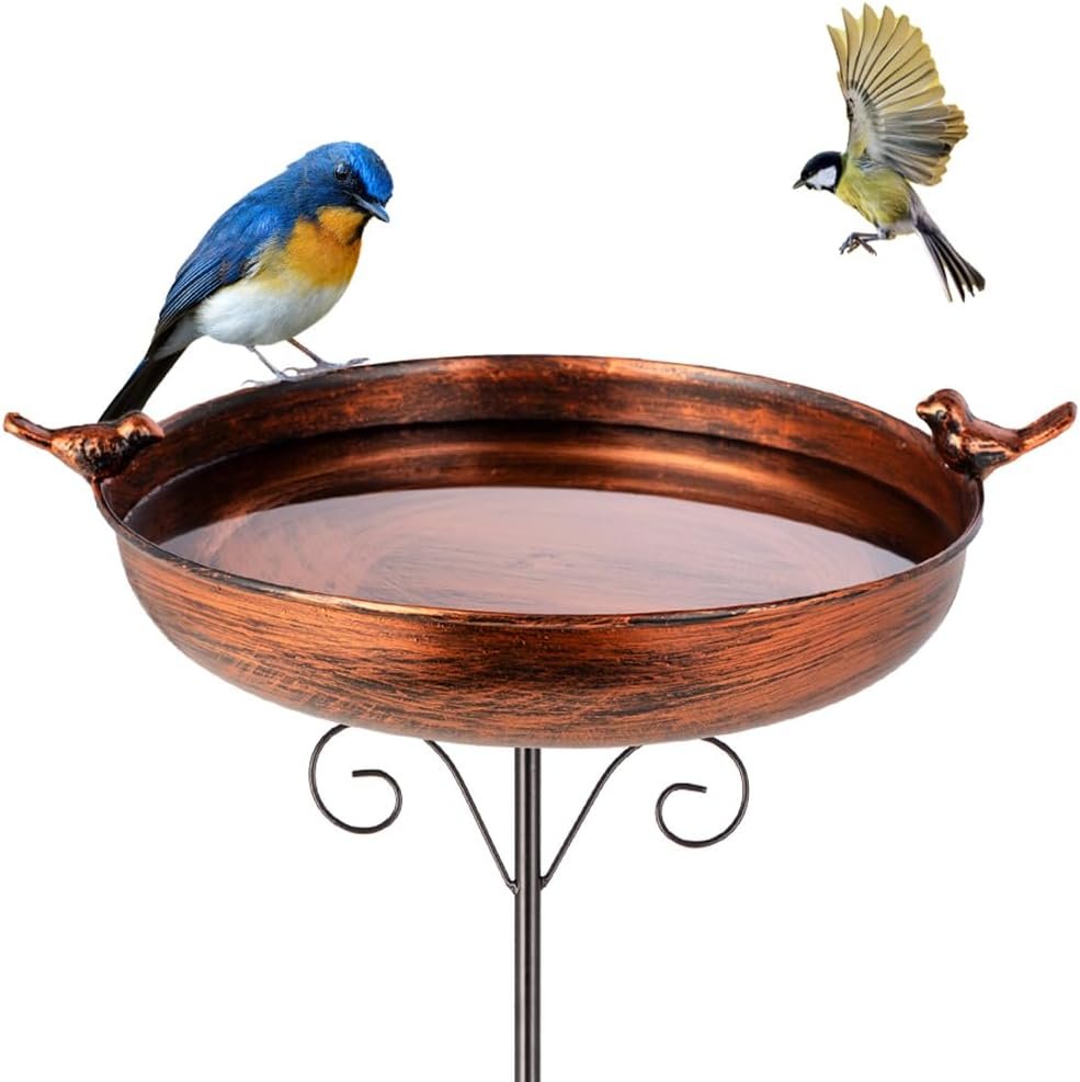 DREAMSOUL 38″ Metal Bird Bath with Stake, Vintage Copper Birdbath