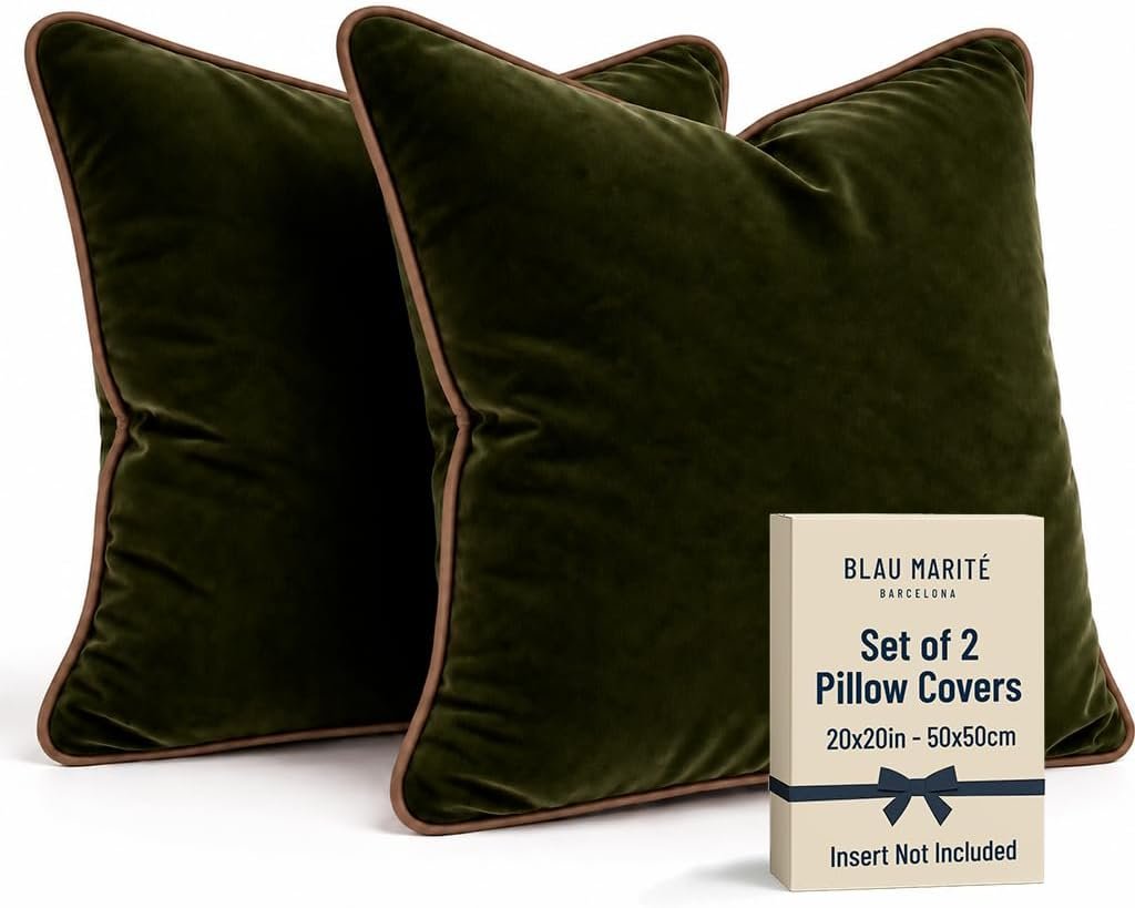 2 Pack Polyester Decorative Throw Pillow Covers, 20″x20″, Green and Camel, Solid, Modern, Contrast Piping, Indoor Use, Bedroom & Living Room