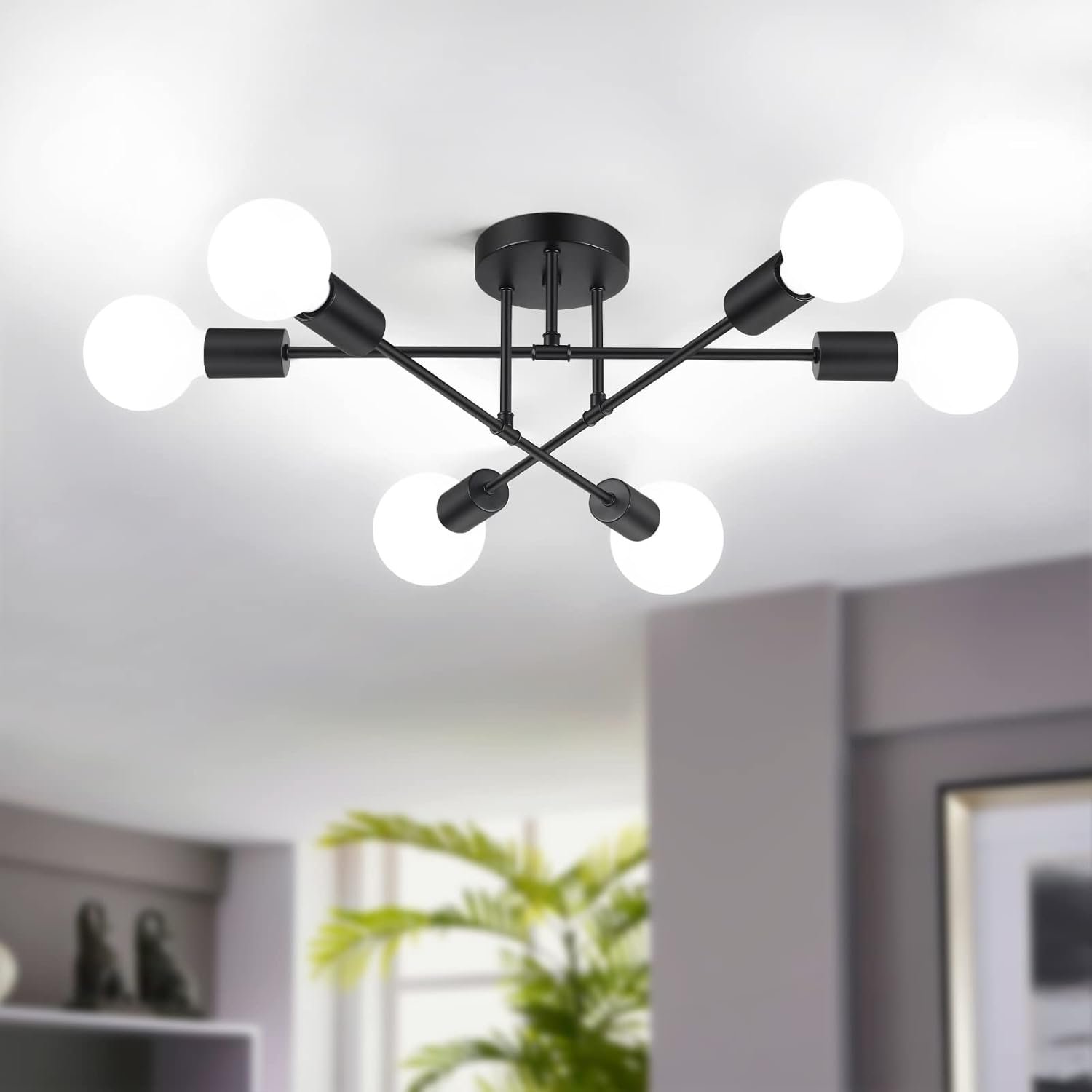 Modern Sputnik Chandelier, 6-Light Ceiling Lights Fixture 22″ Black