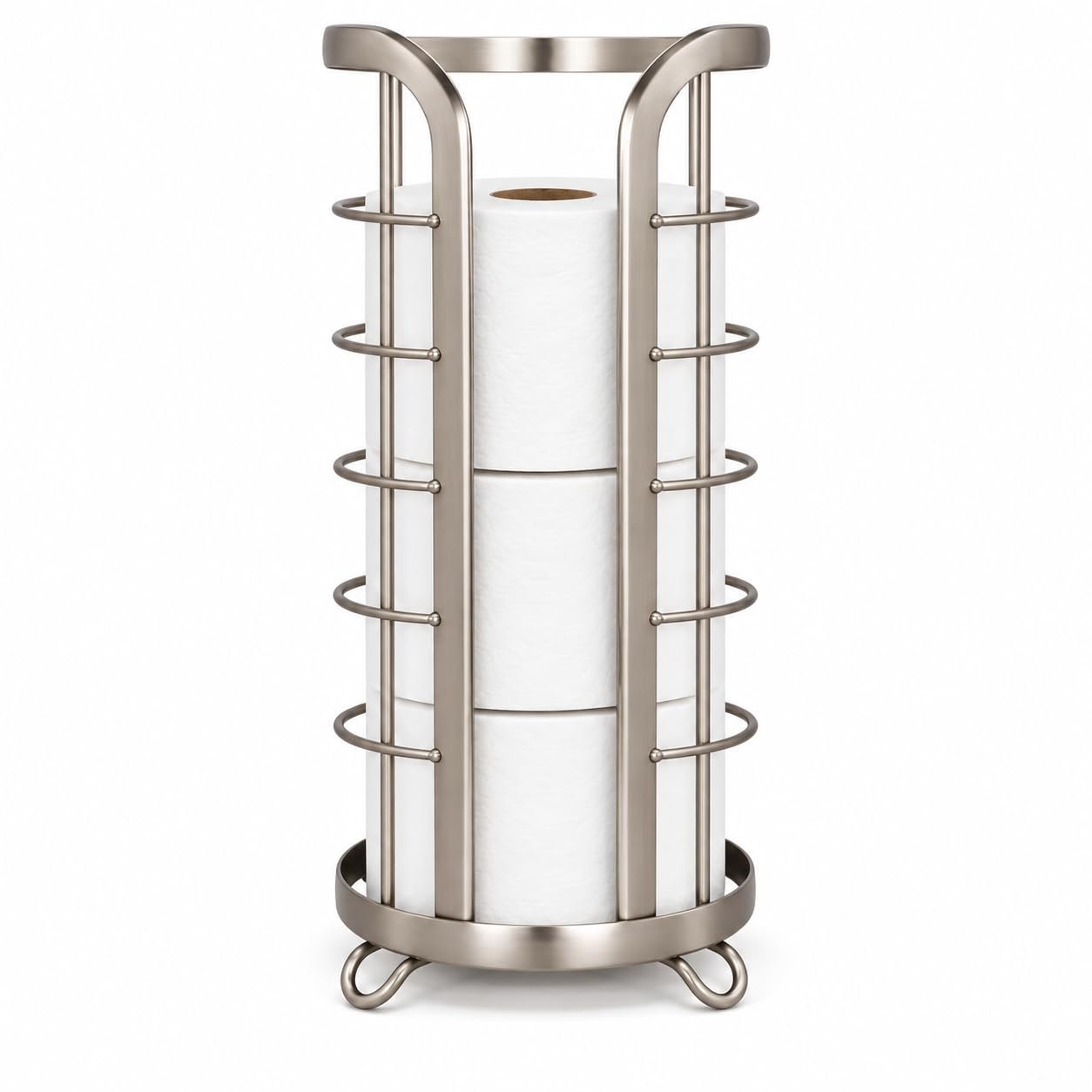 BROOKSTONE Toilet Paper Holder Stand Reserve – Free Standing Toilet Paper Stand with Storage that Holds Mega Rolls, Standing Bathroom Tissue Organizer, Bathroom Decor – Modern Storage Holder, Nickel