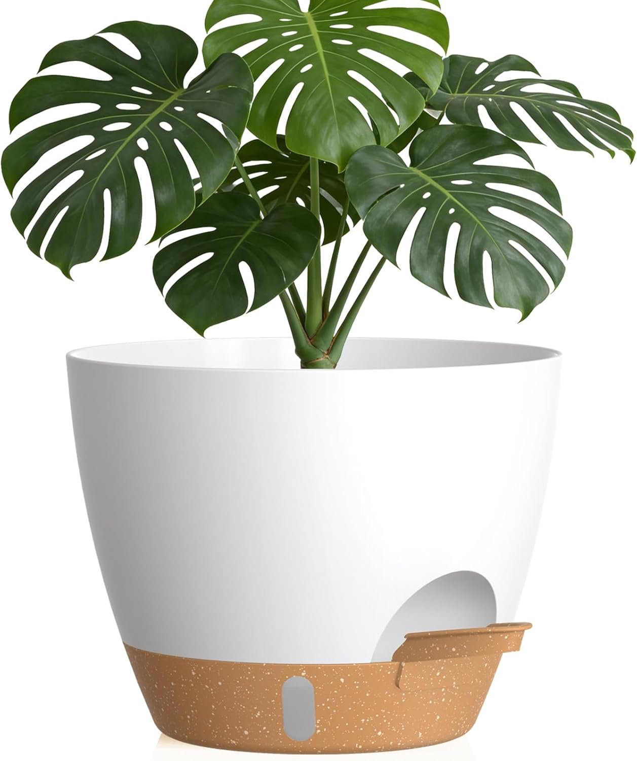 Plant Pots, 1 Pack 12 Inch Self Watering Pots with Drainage Holes, Water Level Indicator Deep Reservoir, Large Planters for Indoor Outdoor Plants – White Brown