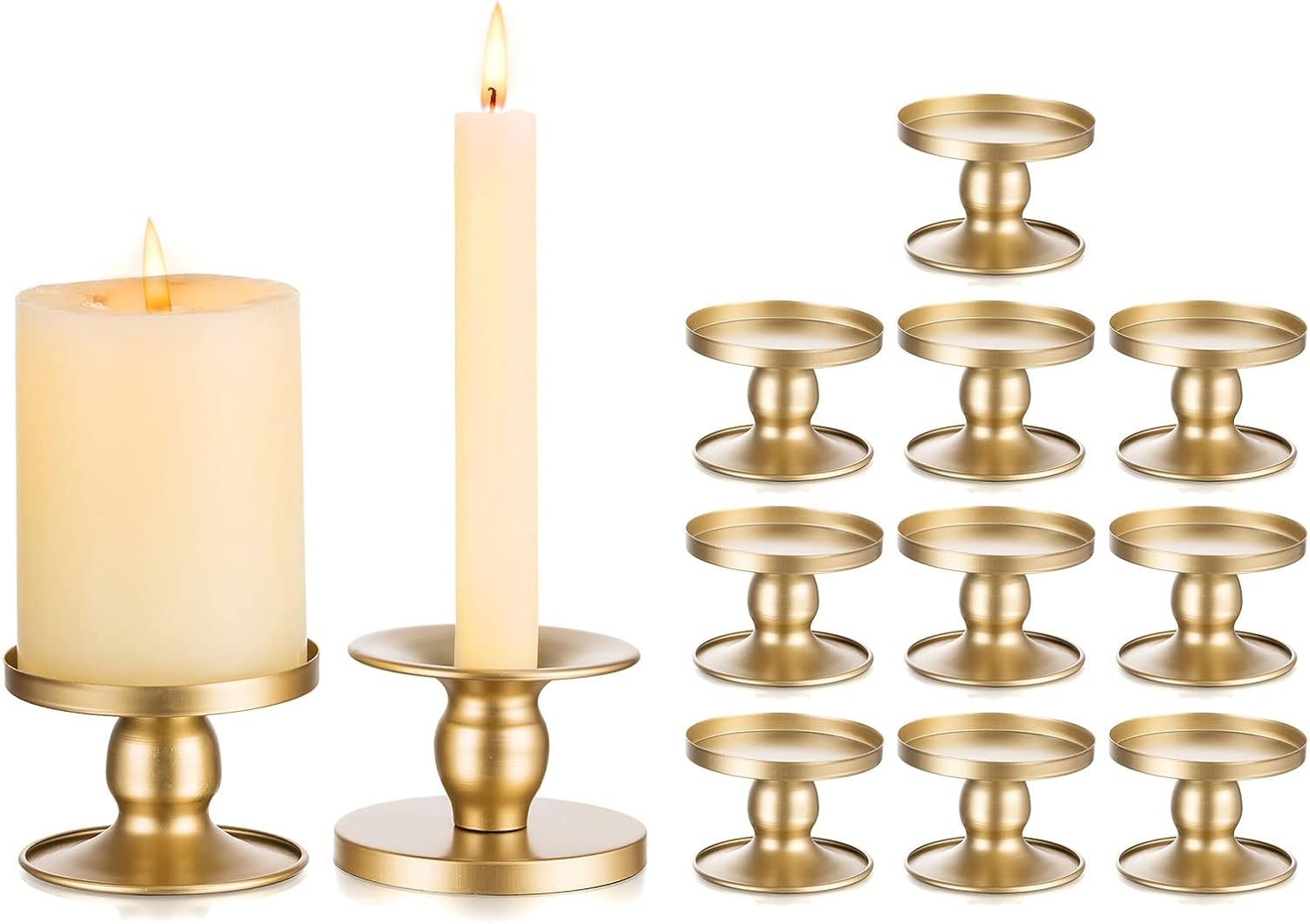 Romadedi 2-in-1 Gold Metal Pillar and Taper Candle Holders, Set of 12
