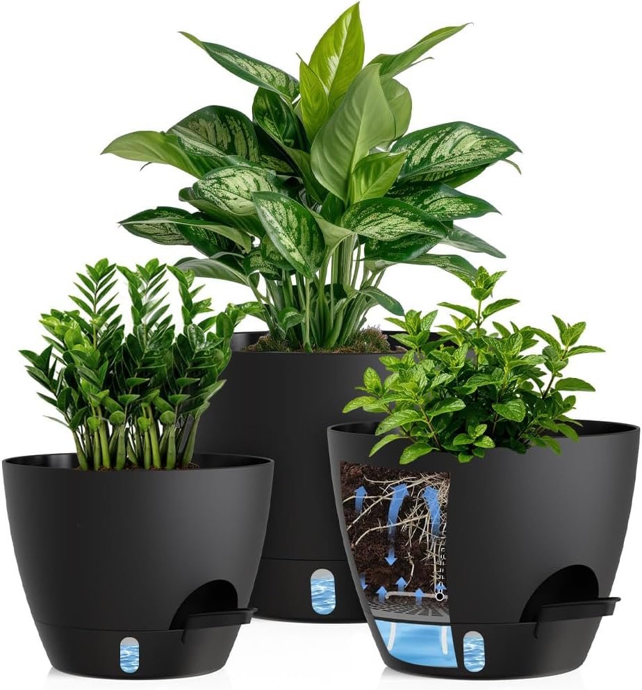 Self Watering Pots with Drainage Holes, 3 Pack 12/10/8 Inch Plant Pots with Water Level Indicator Deep Reservoir, Large Plastic Planter for Indoor Outdoor Plants – Black