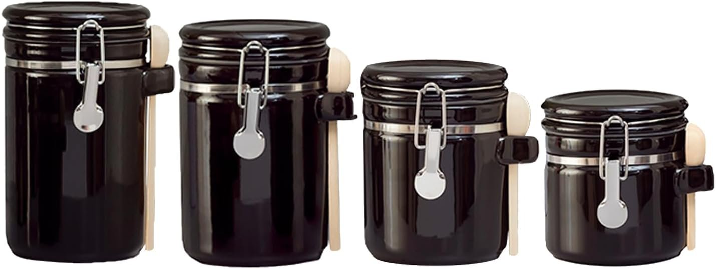 Canister Sets For The Kitchen (4 Piece Set) Black, High Gloss Ceramic By Home Basics Decorative Kitchen Set With Wooden Spoons, Countertop Set For Flour, Sugar, Coffee, and Snacks