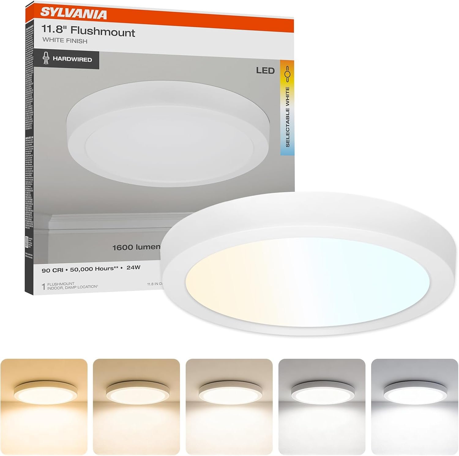 Sylvania 12″ LED Flush Mount Ceiling Light Fixture, 24W, 5 Color Select (2700K – 5000K), 1600 LMS, Hardwired, White, LED Lights for Bedroom Kitchen Hallway Porch – 1 Pack (66462)