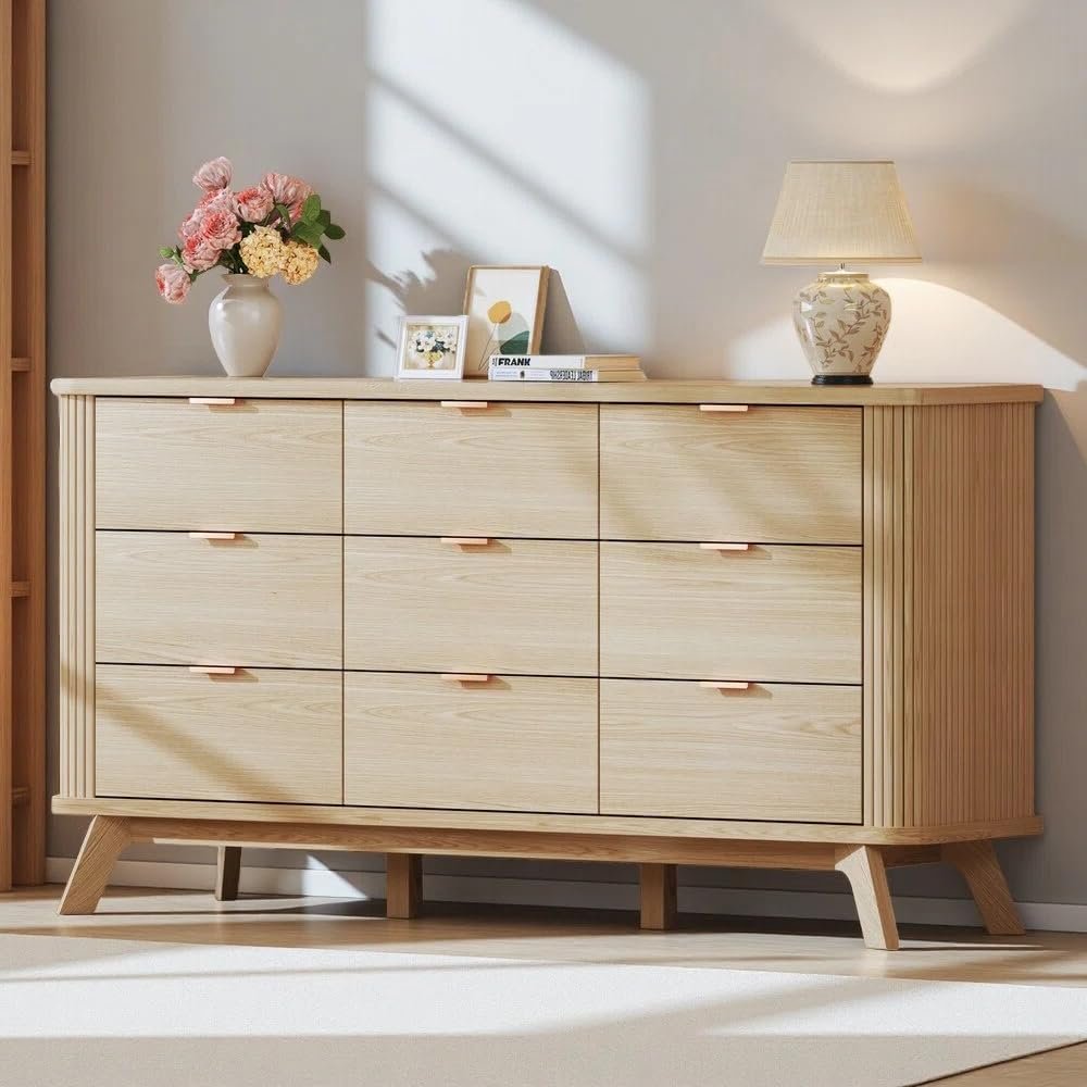 Fluted 9 Drawers Dresser, 60″ Mid Century Modern & Chests of Drawers, Curved Profile Design, Dresser TV Stand, for Entryway, Hallway, Bedroom, Oak