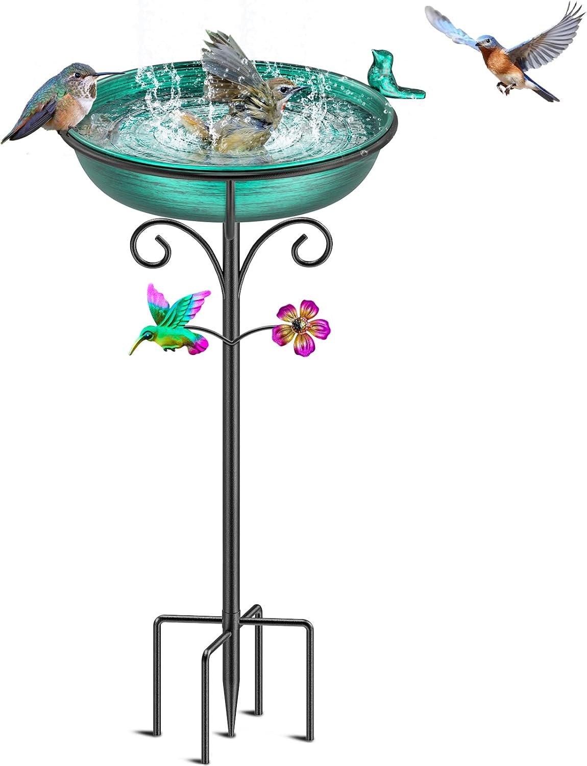 38.6in Bird Baths for Outdoors, Detachable Birdbaths for The Garden Clearance, Freestanding Bird Baths for Outdoors, Bird Bath Bowl Spa & Birdfeeder with Metal Stake Stand (Retro Green)
