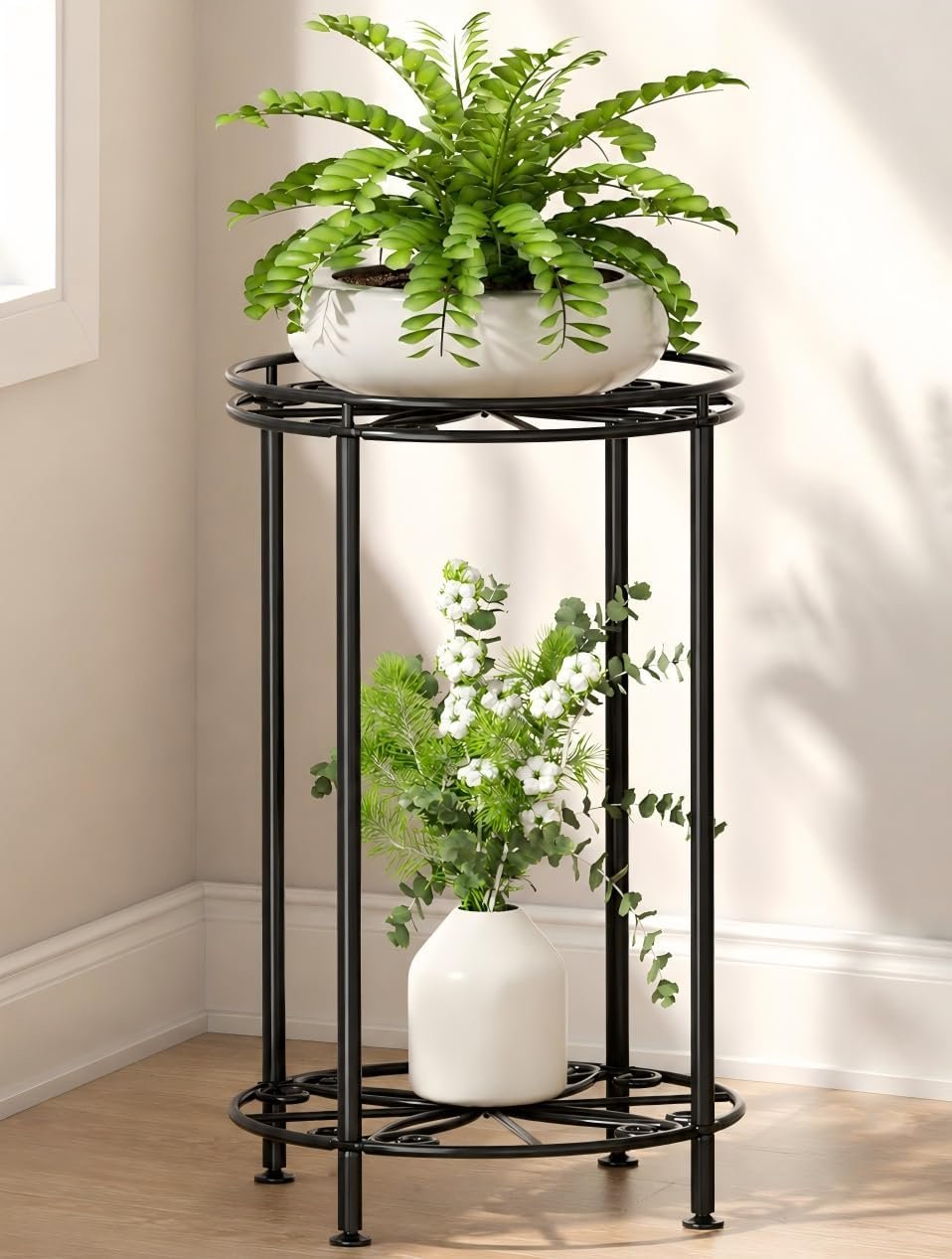 Plant Stand 2-Tier 10.2in Width 16.4in Tall Flower Pot Rack Small Plant Table Metal For Indoor Outdoor