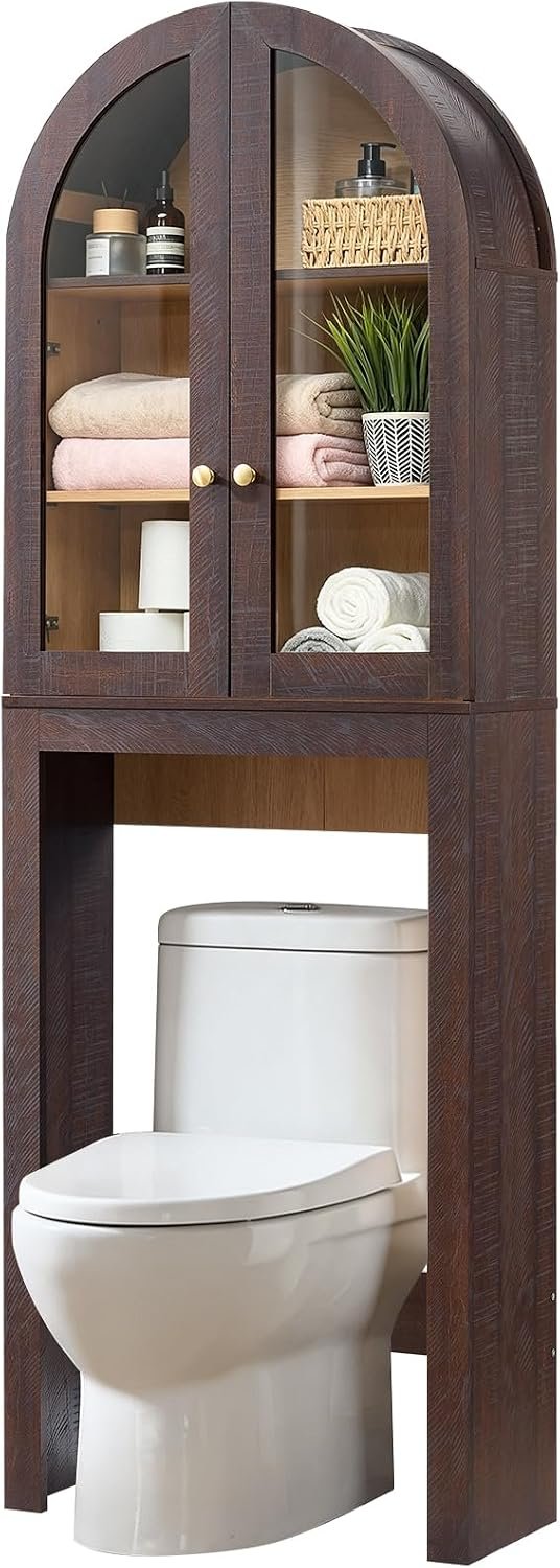 Arched Over The Toilet Storage Cabinet with Glass Doors, Modern Over Toilet Bathroom Organizer Shelf, Small Wooden Bathroom Storage Cabinet with Adjustable Shelf,Space Saver, Brown/Natural