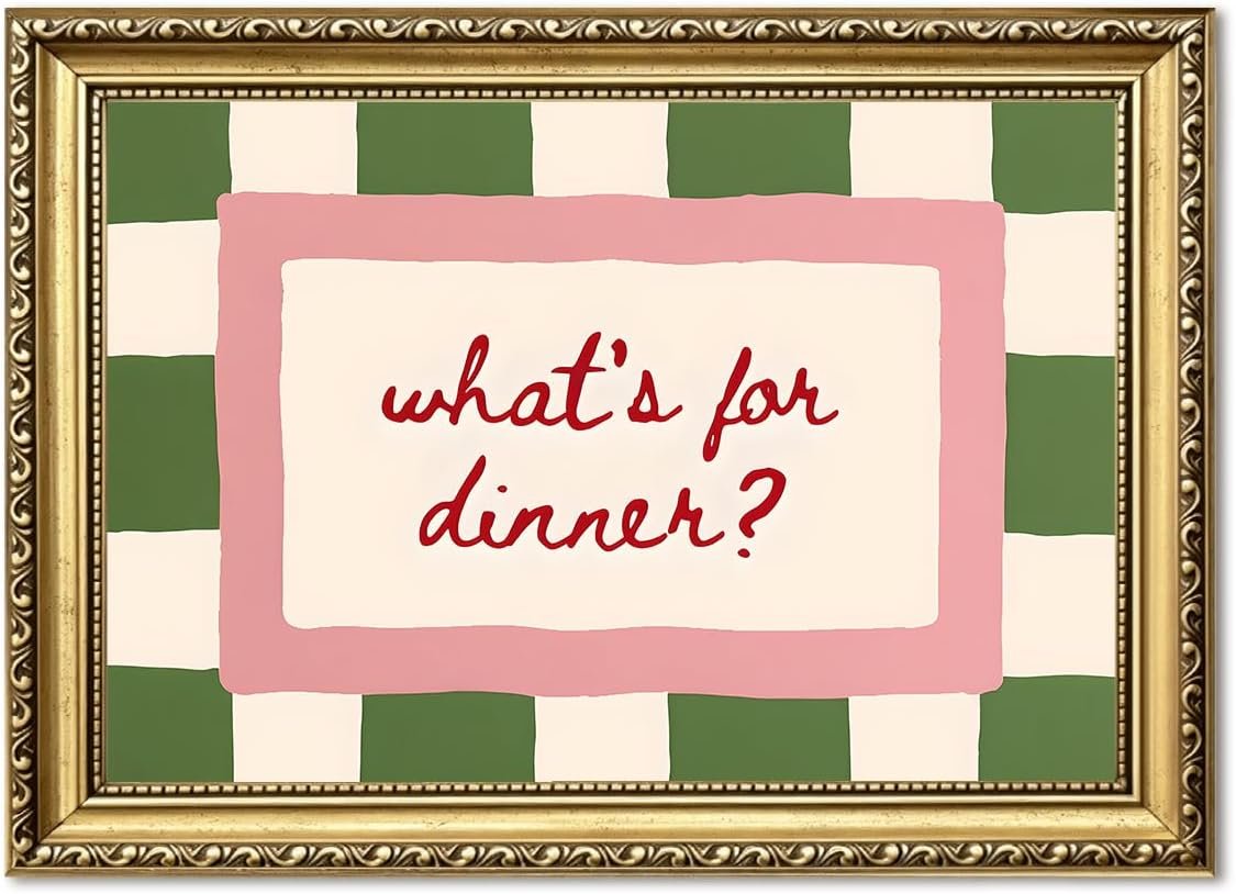 Trendy kitchen Wall Art What’s For Dinner Quirky Sign Wall Decor Painting, Modern Pink Green Checkered Poster Canvas Print Picture for Dining Room Restaurant 16×24 inch Gold Framed