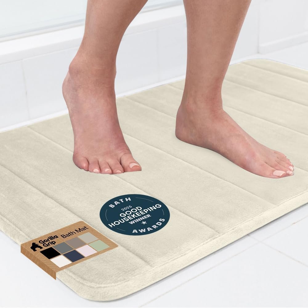 GORILLA GRIP Absorbent Memory Foam Bath and Shower Mat, 24×17 Champagne
