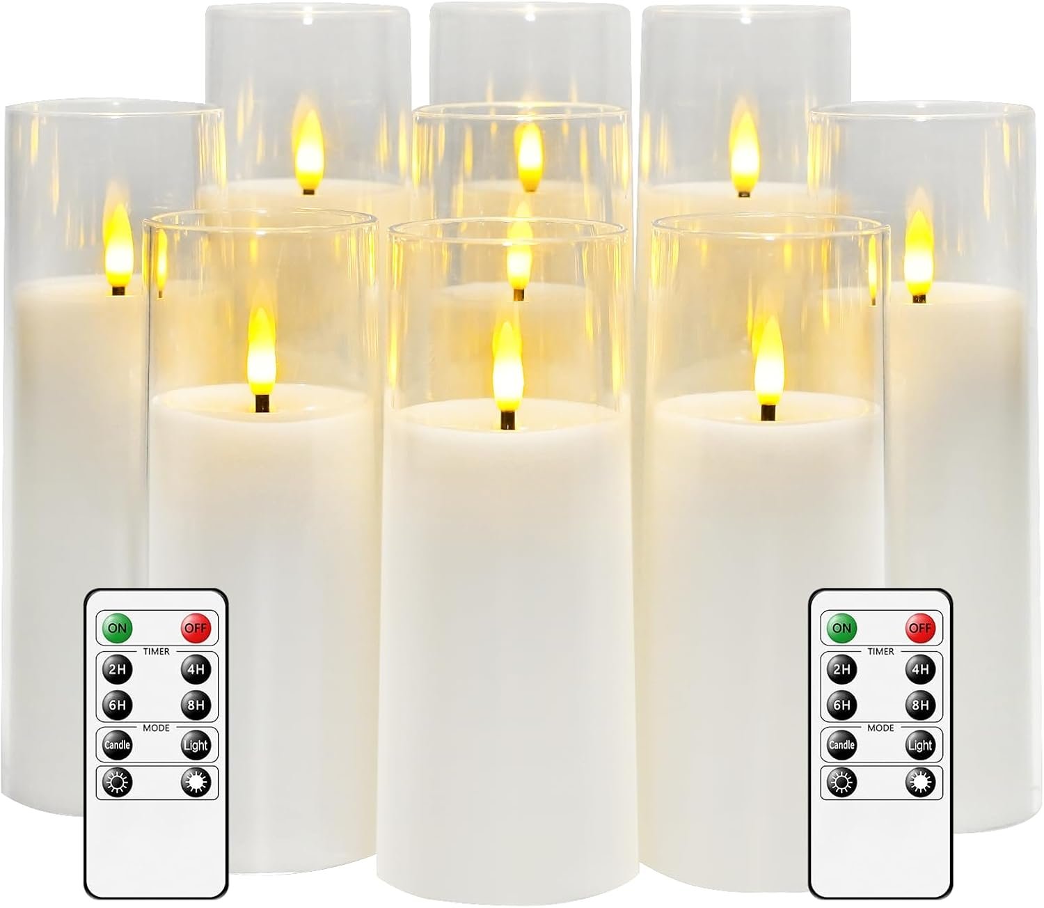 Flickering Flameless Candles Battery Operated with Remote and 2/4/6/8 H Timer Acrylic Led Pillar Candles Pack of 9 (appr D2.3″xH5.5″6.5″7.5″)with Realistic 3D Wick Candles for Home Decor(White)