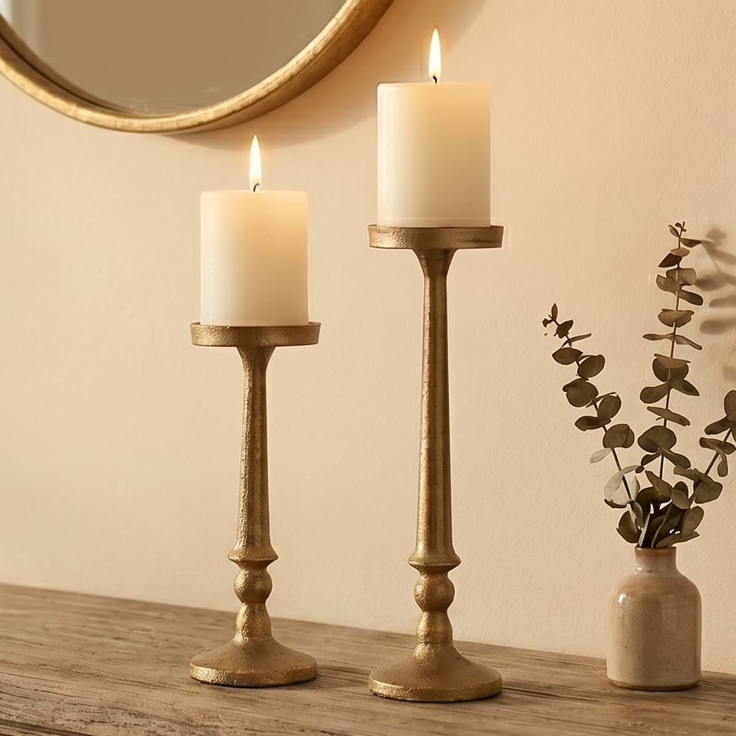 Vintage Iron Pillar Candle Holders Set of 2, Antique Brass Gold