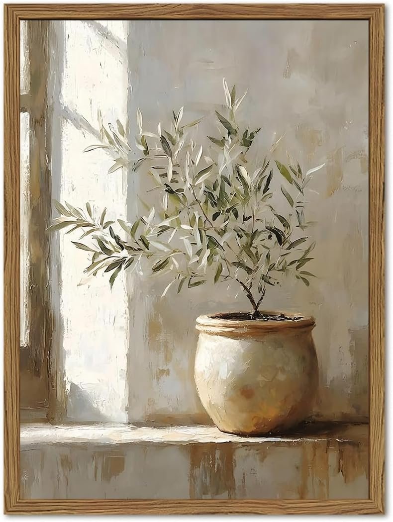 Framed Vintage Olive Tree Canvas Wall Art, Rustic Botanical Pictures Wall Decor, Neutral Potted Plant Paintings Prints Farmhouse Aesthetic Home Decor for Living Room Bedroom Kitchen 8×10 In