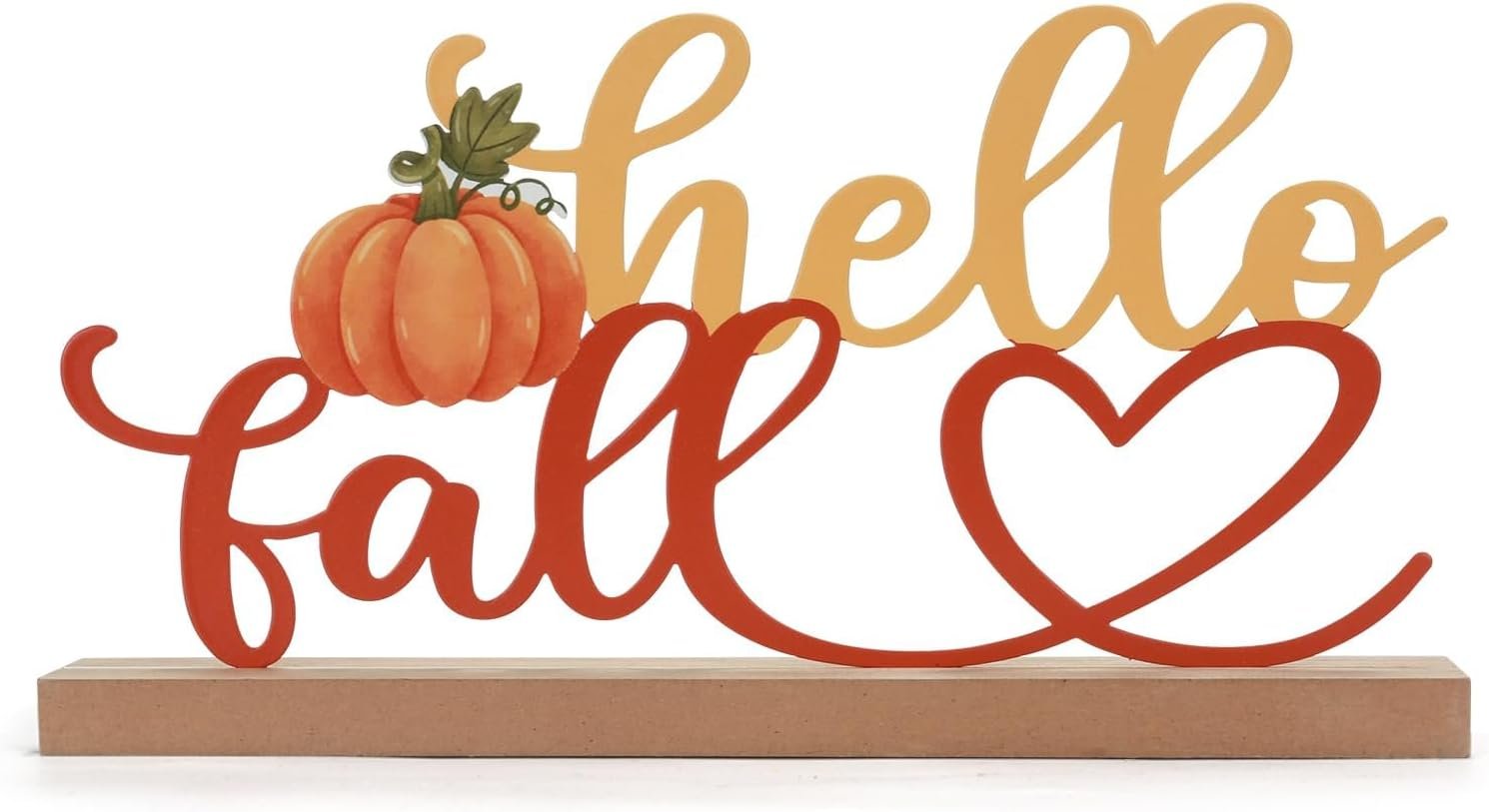 Metal Hello Fall Table Sign with Wood Base, Fall Decorations for Home