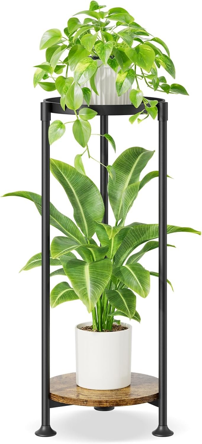 iDavosic.ly 2 Tier Corner Metal Plant Stand Indoor, 30 In Tall, Black Brown