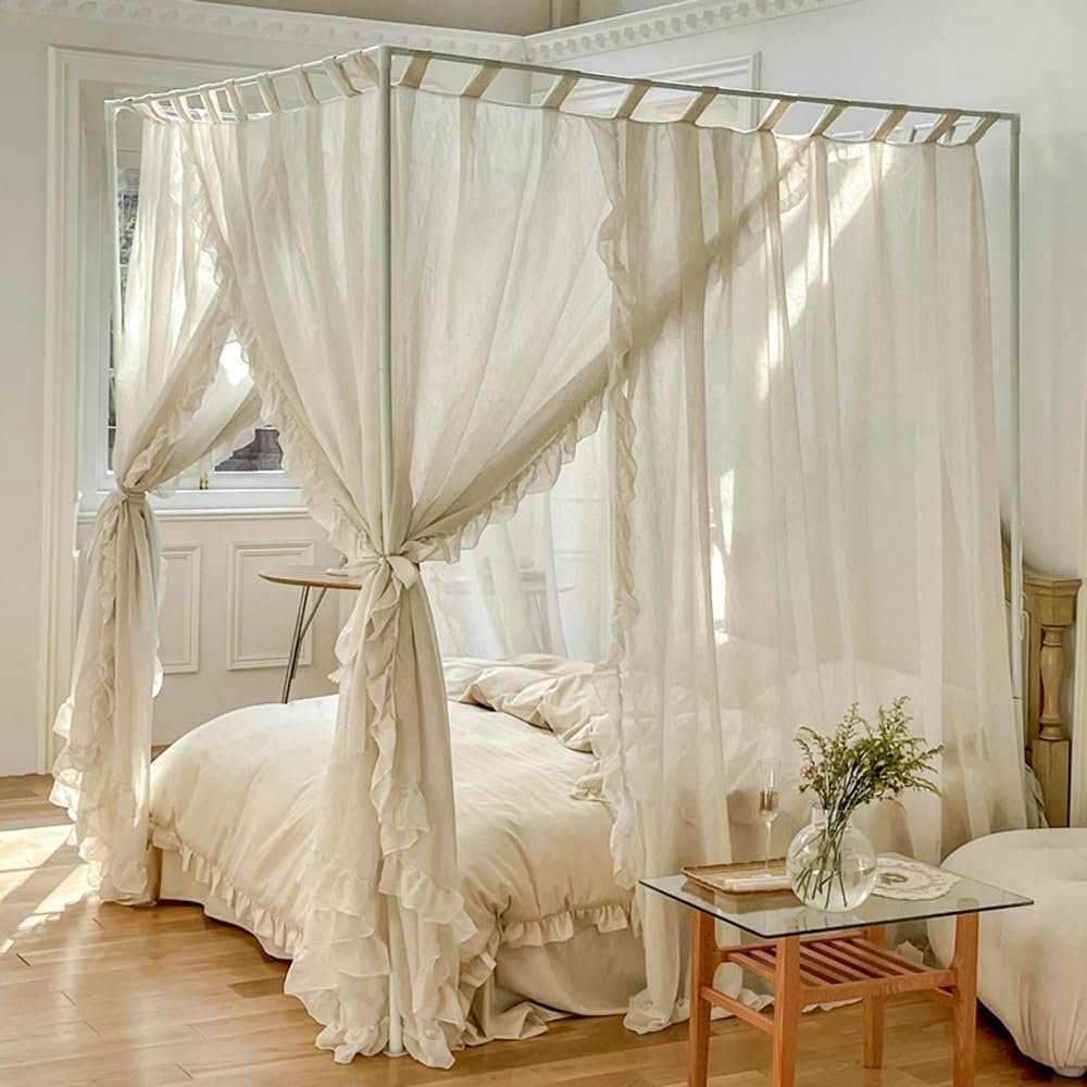 Mengersi Canopy Bed Curtains Queen Size,Linen Bed Canopy Curtains 4 Corner Bed Drapes Canopy Curtains for Bedroom Decor (Ivory,Queen)
