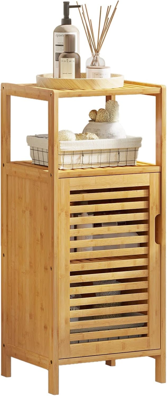 Bamboo Cabinet, Bathroom Storage Cabinet with Single Door and Shelf, Freestanding Bathroom Cabinet, Kitchen Cupboard, Sofa Side Table for Living Room/Hallway/Kitchen