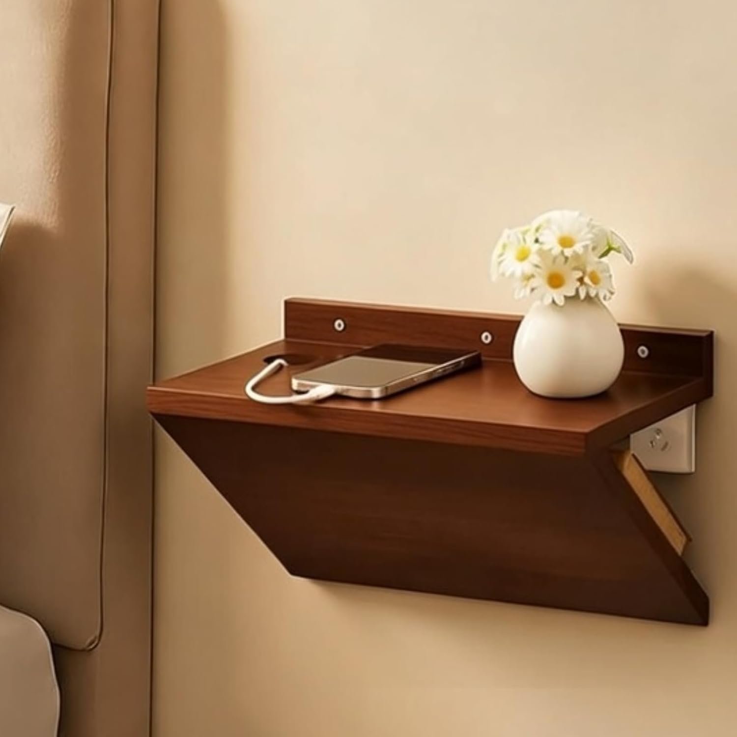 1 Pack 13 x 7 x 5.5 Inch Floating Nightstand Wooden Bedside V Shape Wall Shelf Wall Mounted Hanging Floating Side Tables Bedroom for Bedroom, Living Room, Bathroom, Kitchen, Office