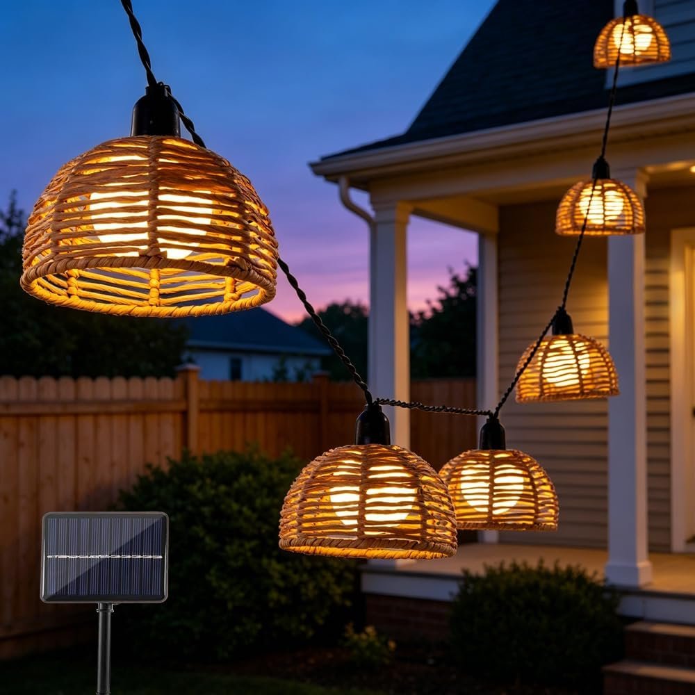 Solar Rattan String Lights, 10PCS Boho String Lights Solar, Boho Hanging Rattan So-lar Lantern with IP44 Waterproof, 3.6m/141.7 Inch Length for Bedroom Patio Pergola Decor