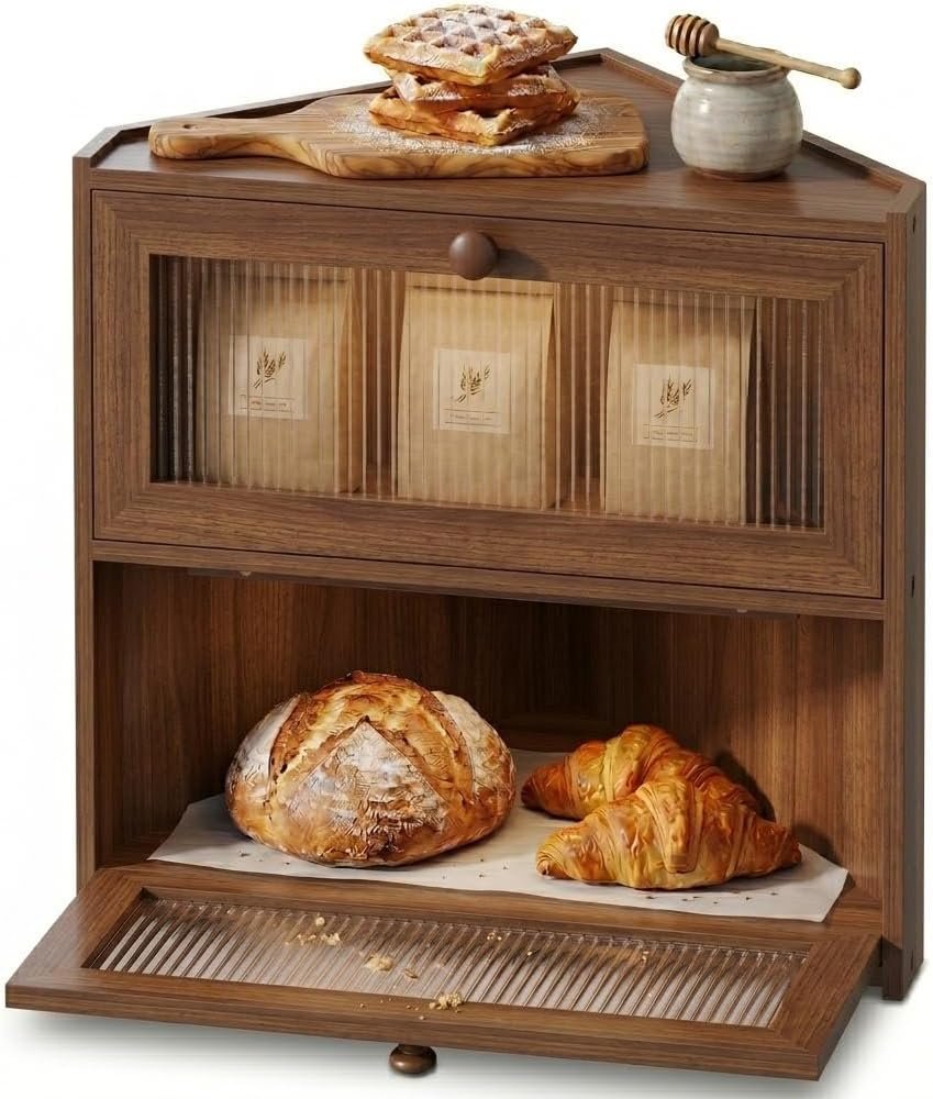 Brown Corner Bread Box,2 Tier Bamboo Bread Box for Kitchen Countertop