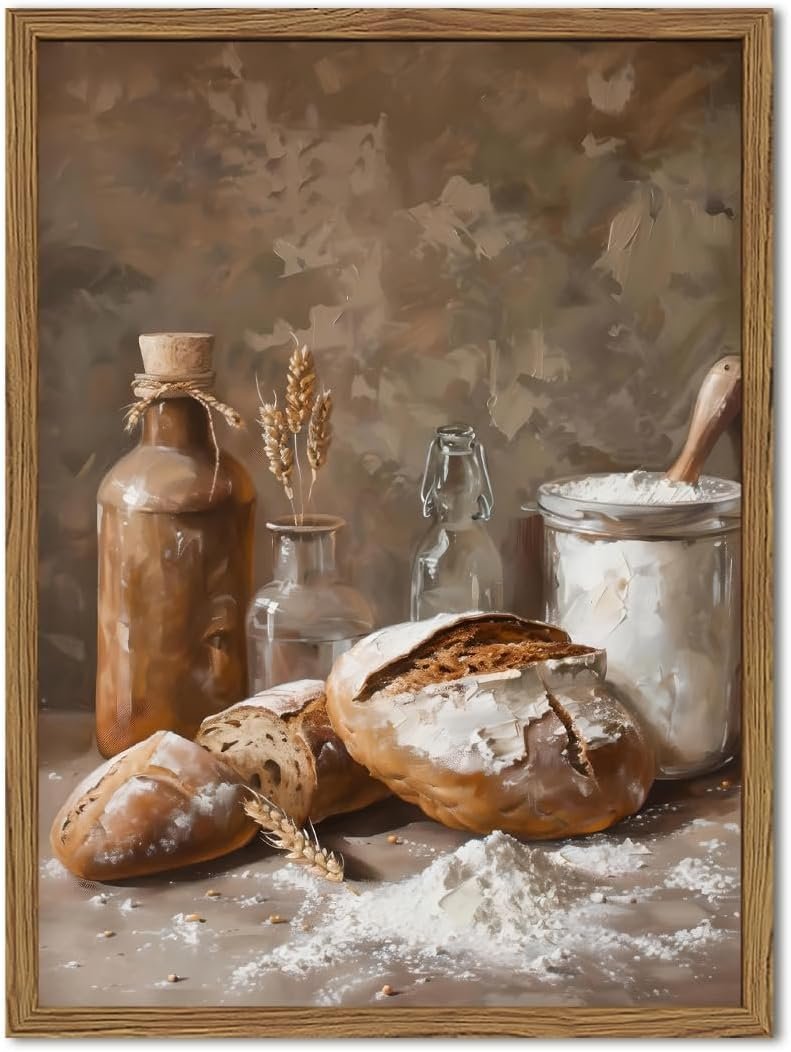 Framed Vintage Kitchen Wall Art, Rustic Bread and Flour Pictures Wall Decor Paintings, Farmhouse Food Poster Canvas Prints Country Home Decor for Dining Room Living Room Bakery 12×16 inch