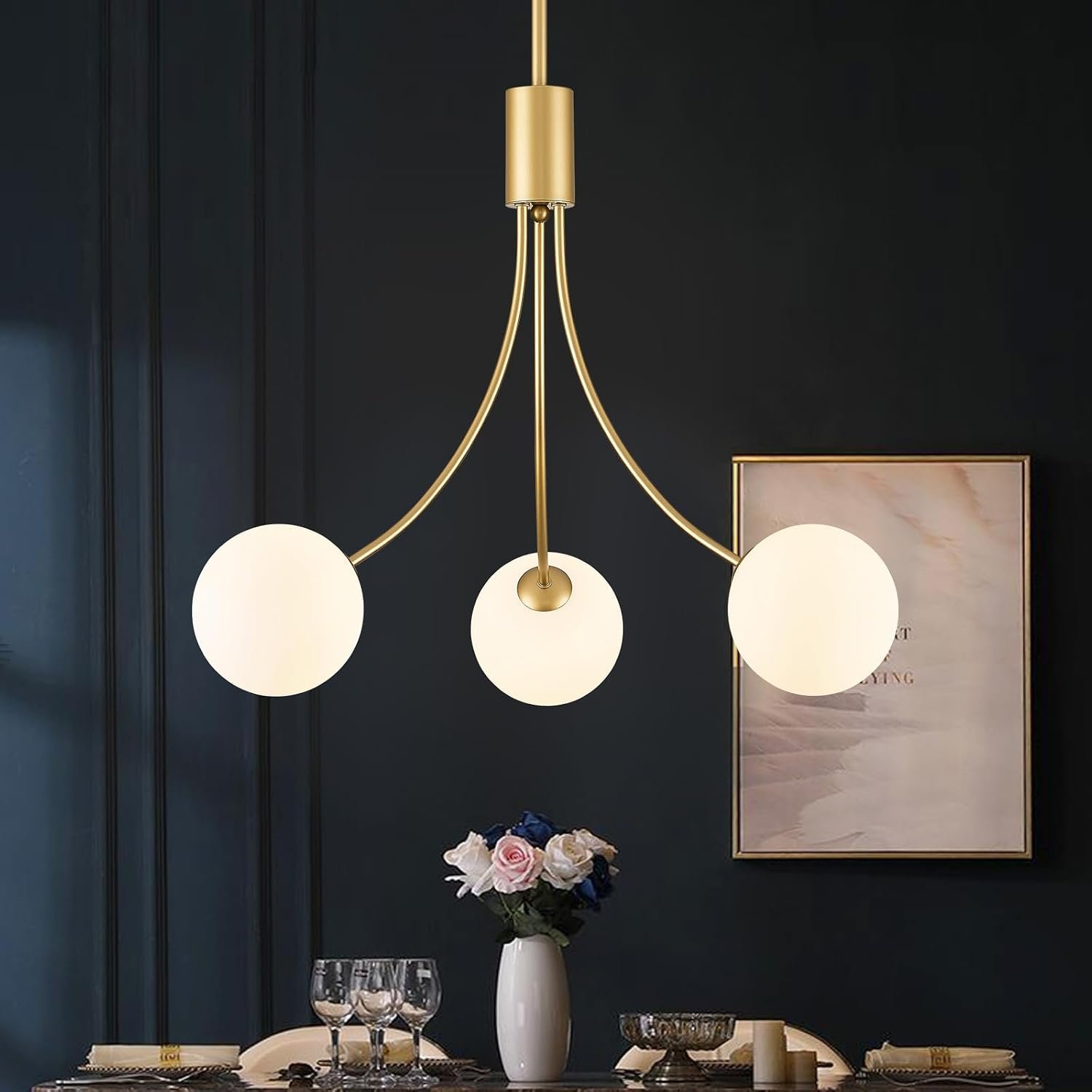 Modern Gold Sputnik Chandelier with Milk Glass Shade, Dining Room Light Fixture Pendant Light for Kitchen Island Living Room Foyer Entryway, 3-Light