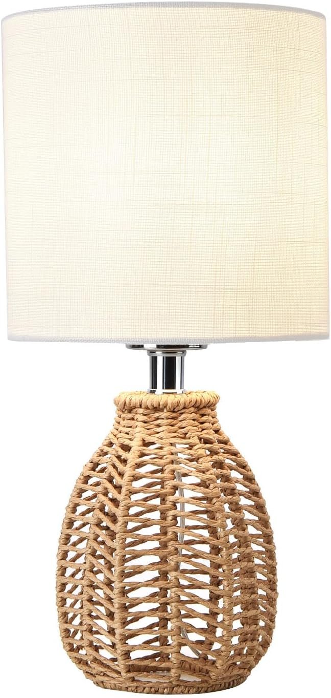 Rattan Table Lamp, Small Nightstand Lamp with Linen Fabric Lampshade, Desk Lamp Bedside Lamp for Living Room Home Office, Without Buld