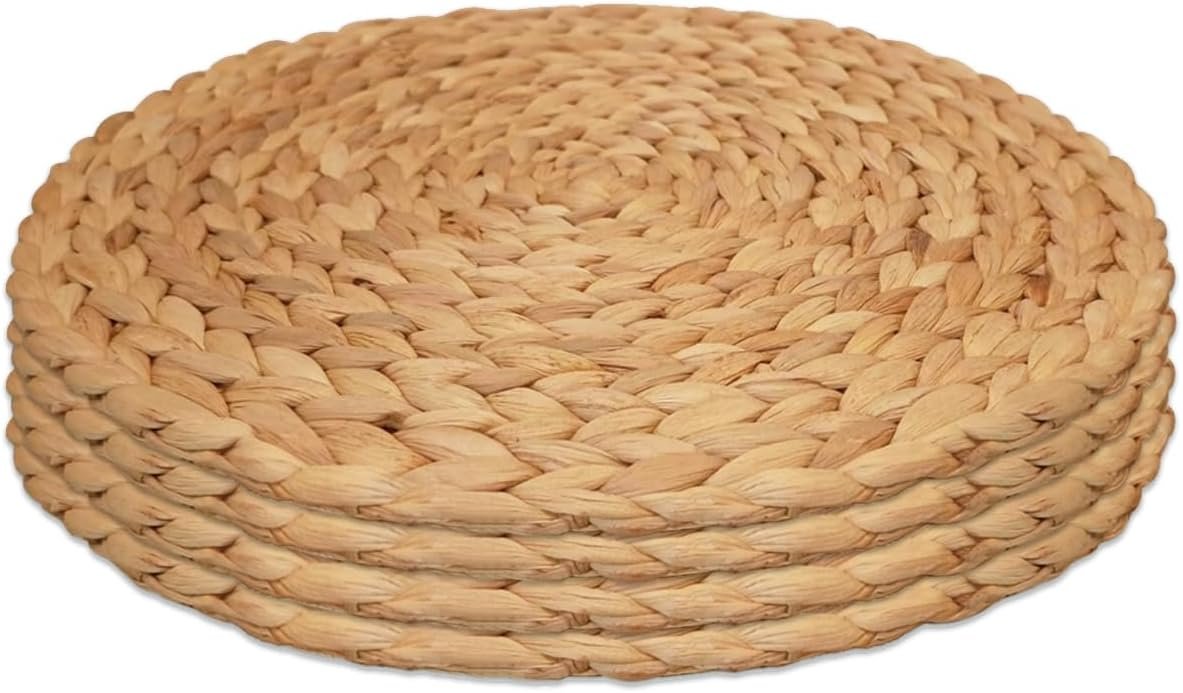 Round Woven Placemats Set of 4，Rattan Placemats Natural Hand-Woven Water Hyacinth Placemats Farmhouse Weave Place Mats Table Mats for Dining, Table,Kitchen,Wedding
