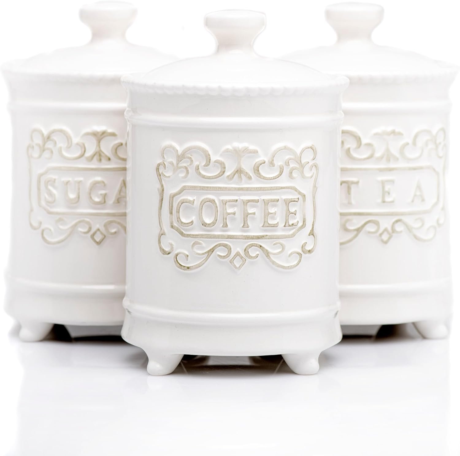 25DOL 3-Piece Ceramic Canister Set, 35 Oz Each, 6.5-Inch, Airtight Lids