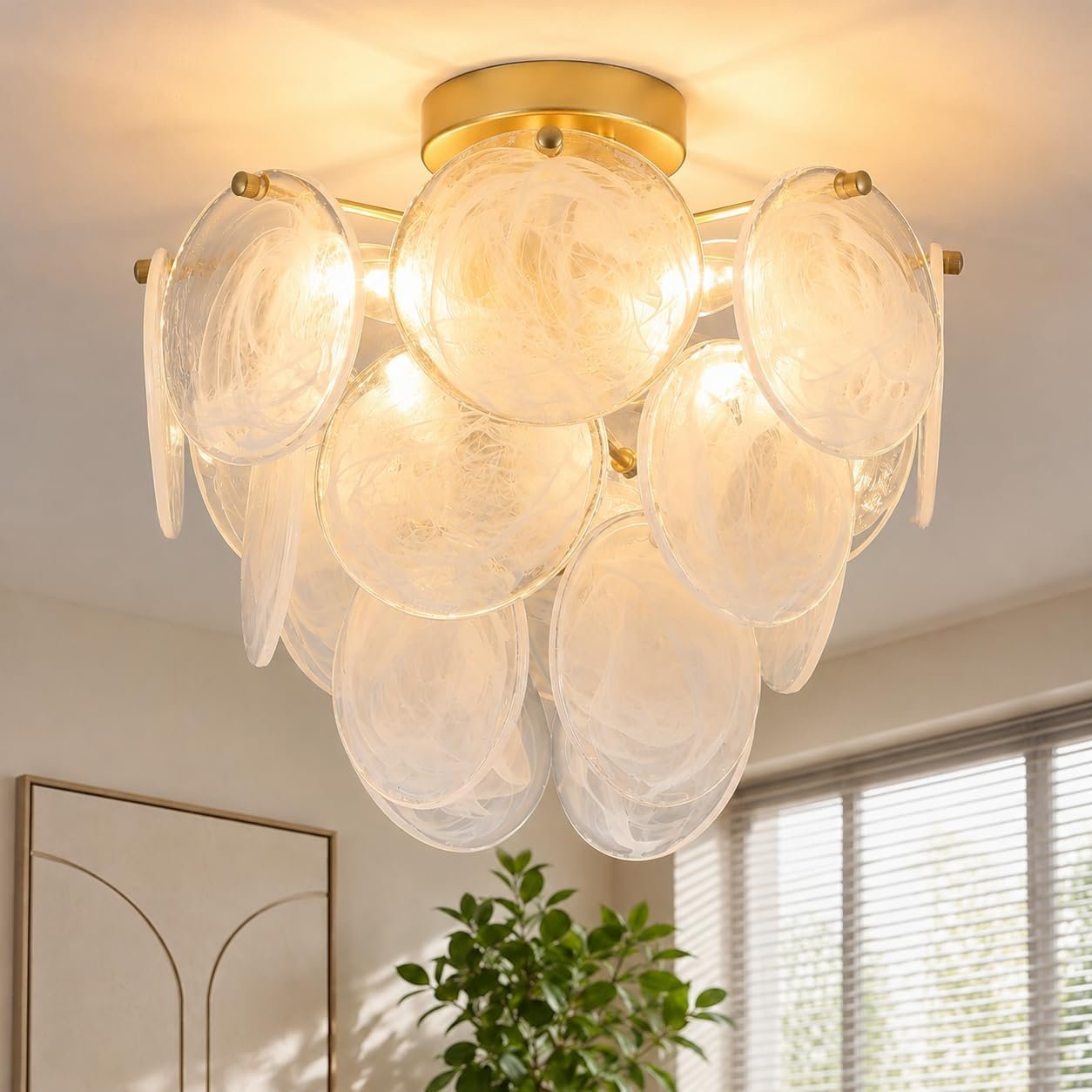 Flush Mount Ceiling Light Chandelier, Gold Glass Mid Century Modern Chandelier Foyer Light Fixtures Ceiling Mount 4 Light with Unique White Round Glass Sheet for Living room Bedroom Entryway Kitchen