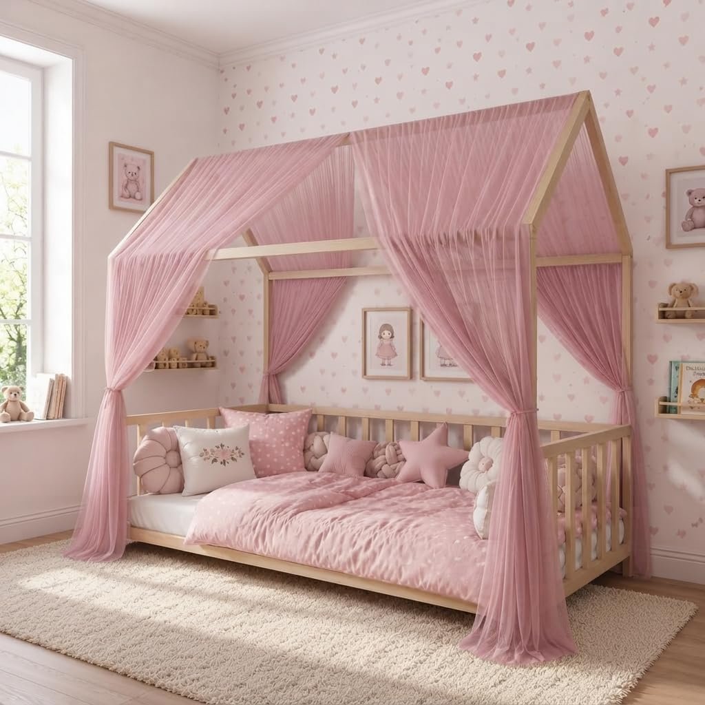 Decorative Bed Canopies & Drapes for Kids Room, Mauve, W62 x L160, 2 Panels, Bonus 4 White Bow Tiebacks, Voile Sheer Toddler Bed Canopy Curtain Scarf Valance DIY for Bedroom/Party