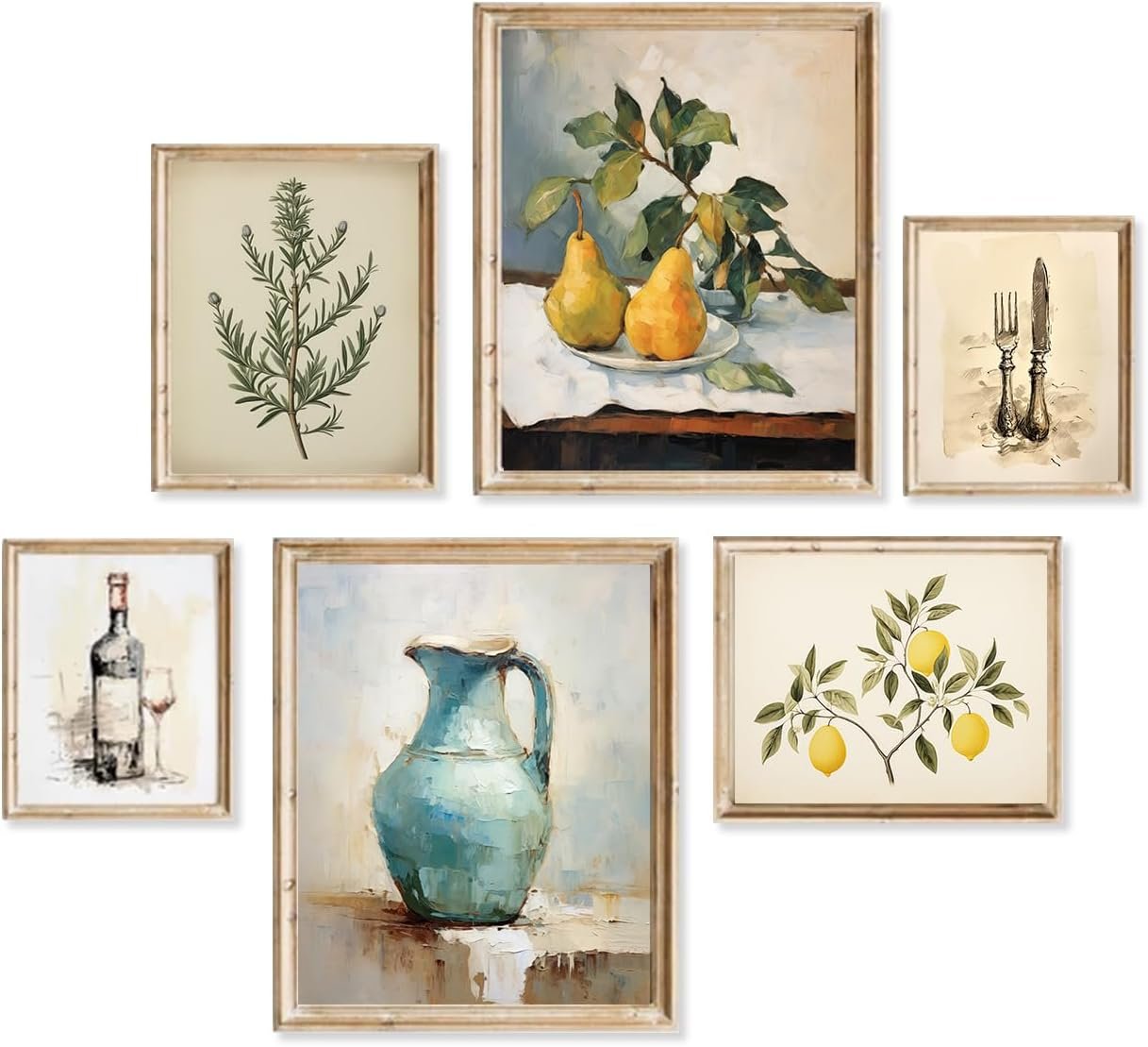 Vintage Kitchen Wall Decor Rustic Farmhouse Dining Room Wall Art Vintage Wall Art Decor Antique Ceramic Jug Silverware Rosemary Lemons Gallery Wall Prints for Bedroom Living Room Home,UNFRAMED,6pcs
