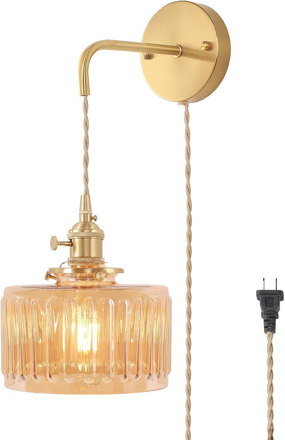 Shenmoyl Vintage Wall Sconce Wall Lamp with Amber Striped Glass Shade Hanging Wall Sconce with 4.9FT Plug in Cord, Modern Wall Lamp Fixtures Decor for Bedside Bedroom Indoor Doorway