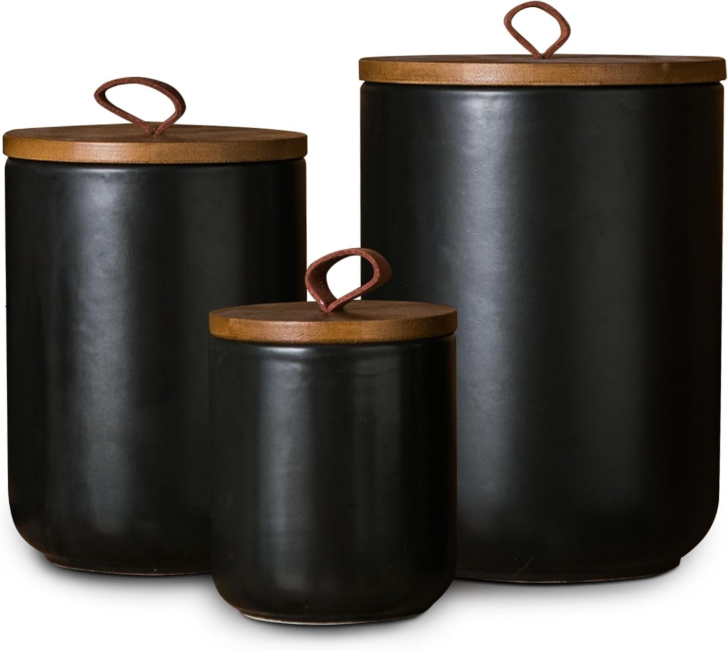JOJUNO Black Ceramic Canister with Bamboo Lid, 3-Piece Airtight Jars