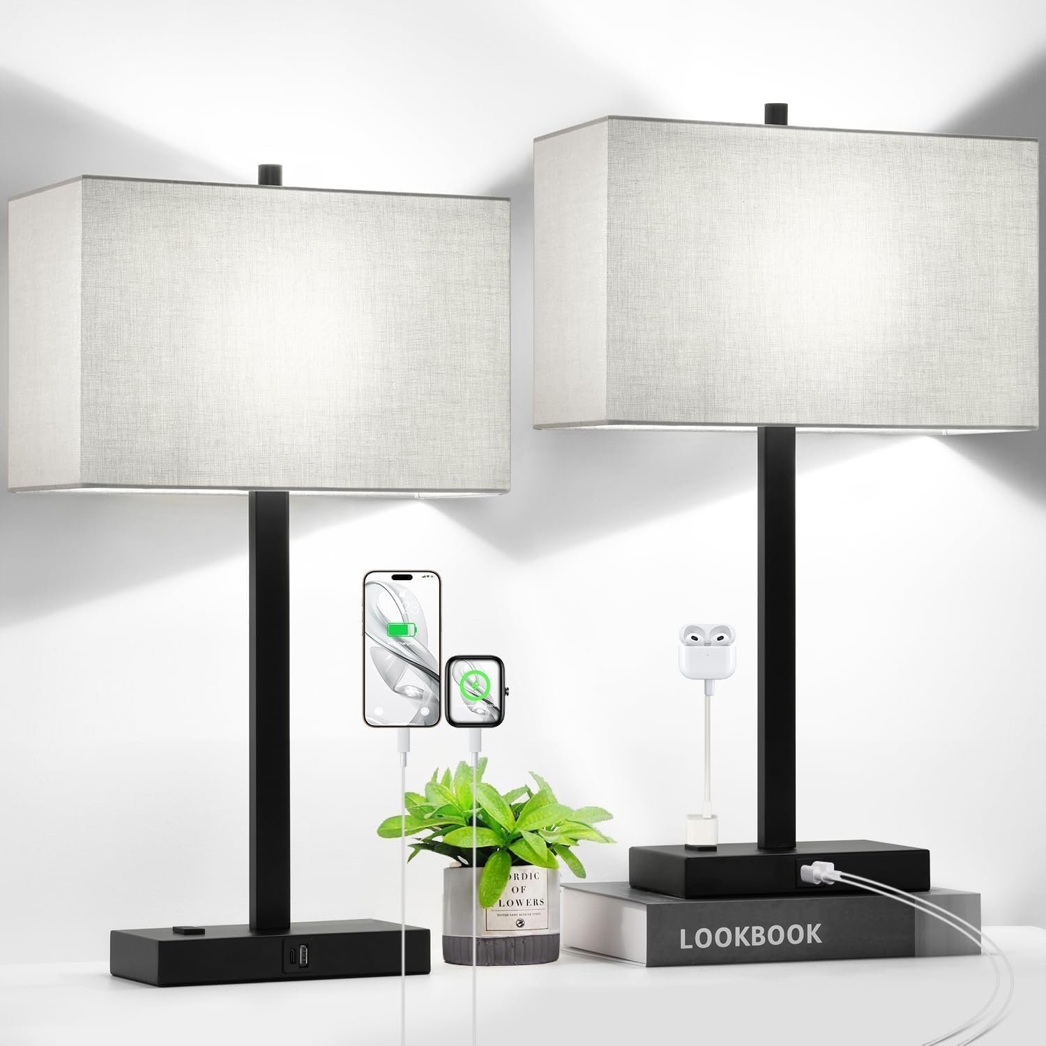 Set of 2 Touch Control Table Lamps with 2 USB & AC Outlet, 3-Way Dimmable Bedside Nightstand Lamps for Bedroom Living Room Nursery, 800 Lumens 5000K Daylight Bulbs Included