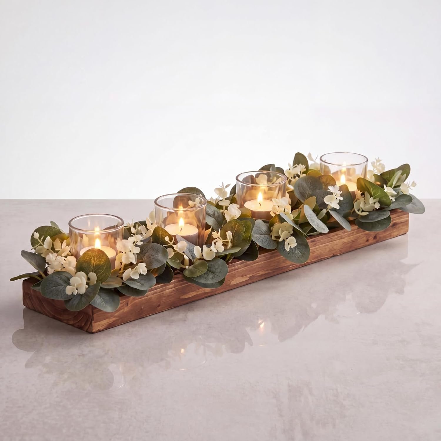 Qunclay 4 Sets Eucalyptus Table Centerpiece Candle Holder Set with Artificial Eucalyptus Leaves Wreaths Candle Rings Wreaths and Wooden Tray Glass Tealight Cups for Home Wedding Table Decor 16 Inch
