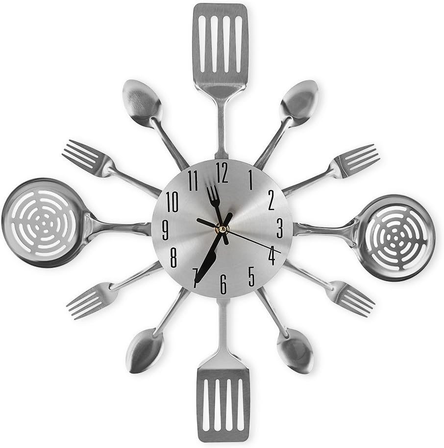 16 Inch Cutlery Kitchen Wall Clock – Silent Non-Ticking, Battery Operated, Fork & Spoon Design for Home, Dining Room Decor, for Mom, Wife, Cooking Lovers