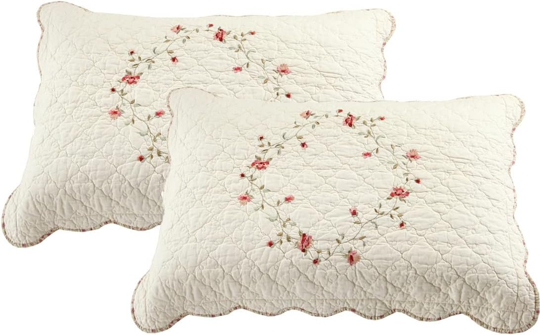 vctops 2-Piece Elegant Floral Embroidered Pillow Shams Queen Size 100% Cotton Quilted Decorative Pillow Shams Set (Cream,20″x28″)