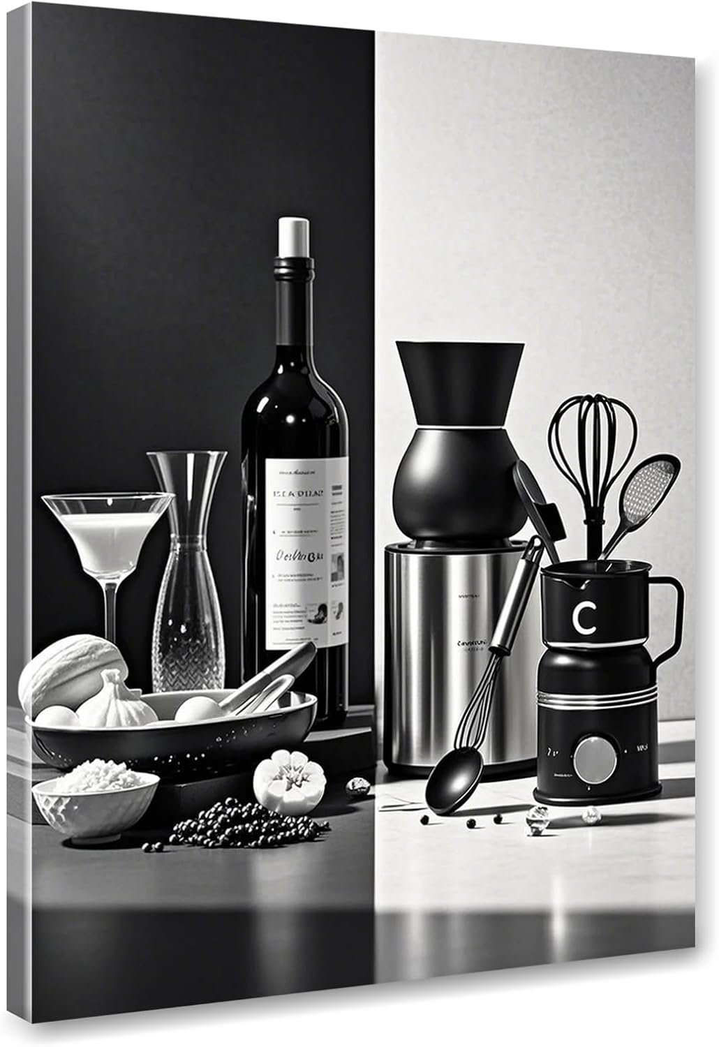 Black and White Kitchen Canvas Wall Art Dining Room Wall Decor Wine Bottle Seasoning Spoon Kitchen Picture Poster Prints Artwork Painting Dining Room Restaurant Bar Home Decorations 12×16 Inch Framed