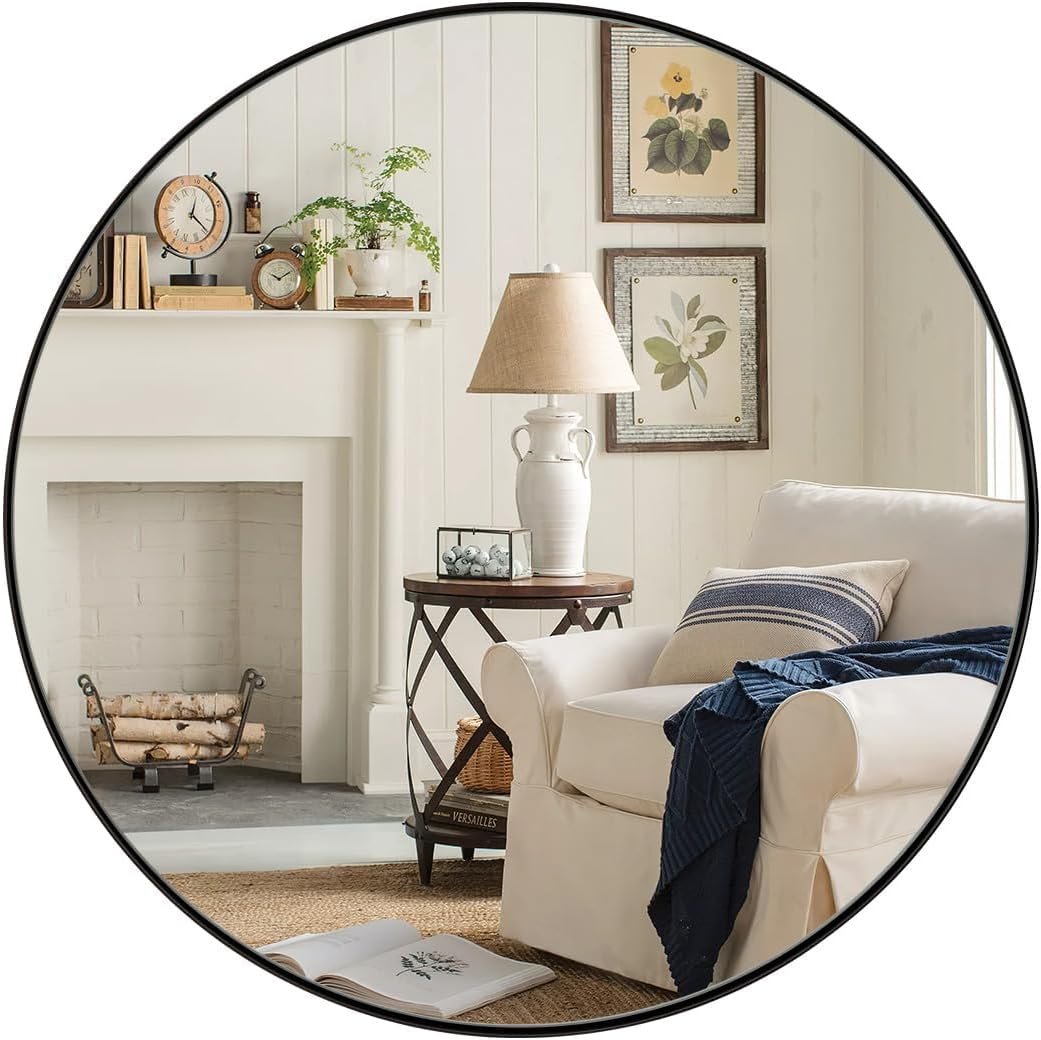 36″ Black Round Mirror, Black Circle Mirror, 36 inch Round Black Mirror Bathroom, Big Circle Wall Mirror in Metal Frame, Matte Black Vanity Mirror for Entryway, Living Room, Dining Room
