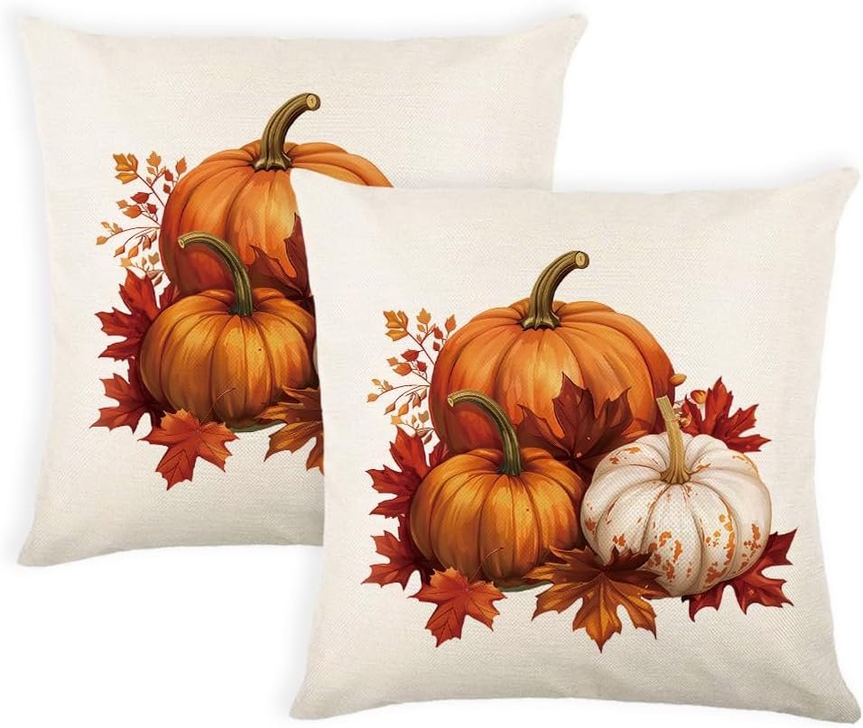 Fall Pillow Covers 18×18 Inch Set of 2 Autumn Orange Pumpkins Maple Leaf Throw Pillow Cover Indoor Outdoor Decorative Pillow Case Thanksgiving Harvest Cushion Case Sofa Couch Fall Decorations