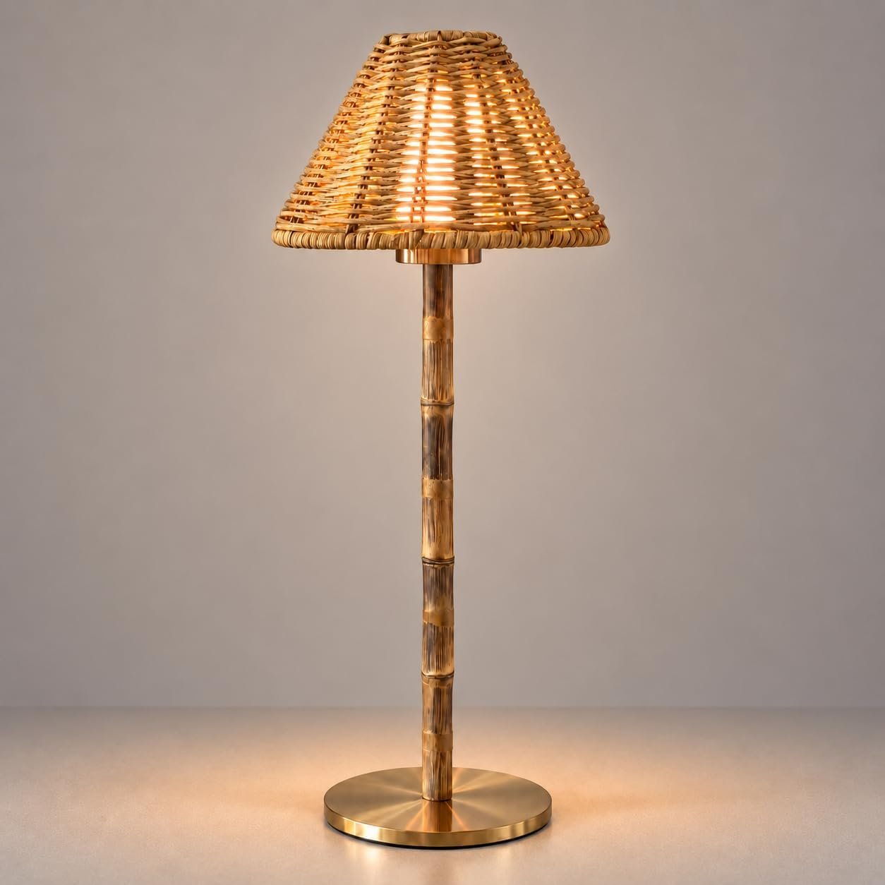 Bamboo Cordless LED Table Lamp – Rechargeable 24-Hour Battery, Dimmable Warm Light, Portable Wireless Lamp with Remote for Indoor/Outdoor Use, Home, Patio, Restaurant – (NATURAL RATTAN), 14.96″ Tall