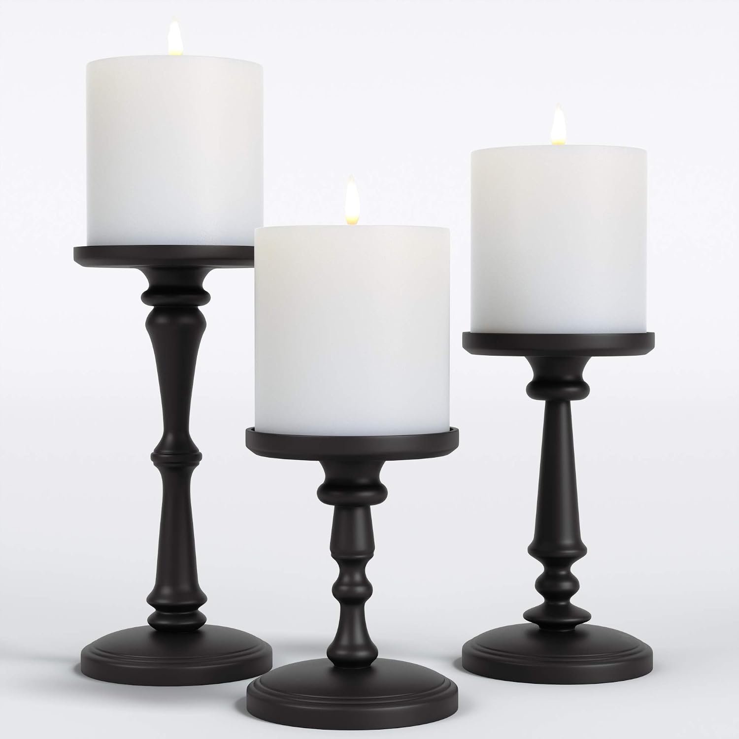 Candle Holders Set of 3 Matte Black, 6, 8,10″ Tall Metal for Pillar Candles